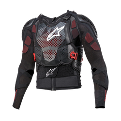 Alpinestars Bionic Tech V3 Protection Jacket, motorcycle body armor, black with white and red accents, featuring a perforated chest protector with a white star logo, adjustable red buckles, integrated shoulder and elbow guards, and a breathable mesh base layer