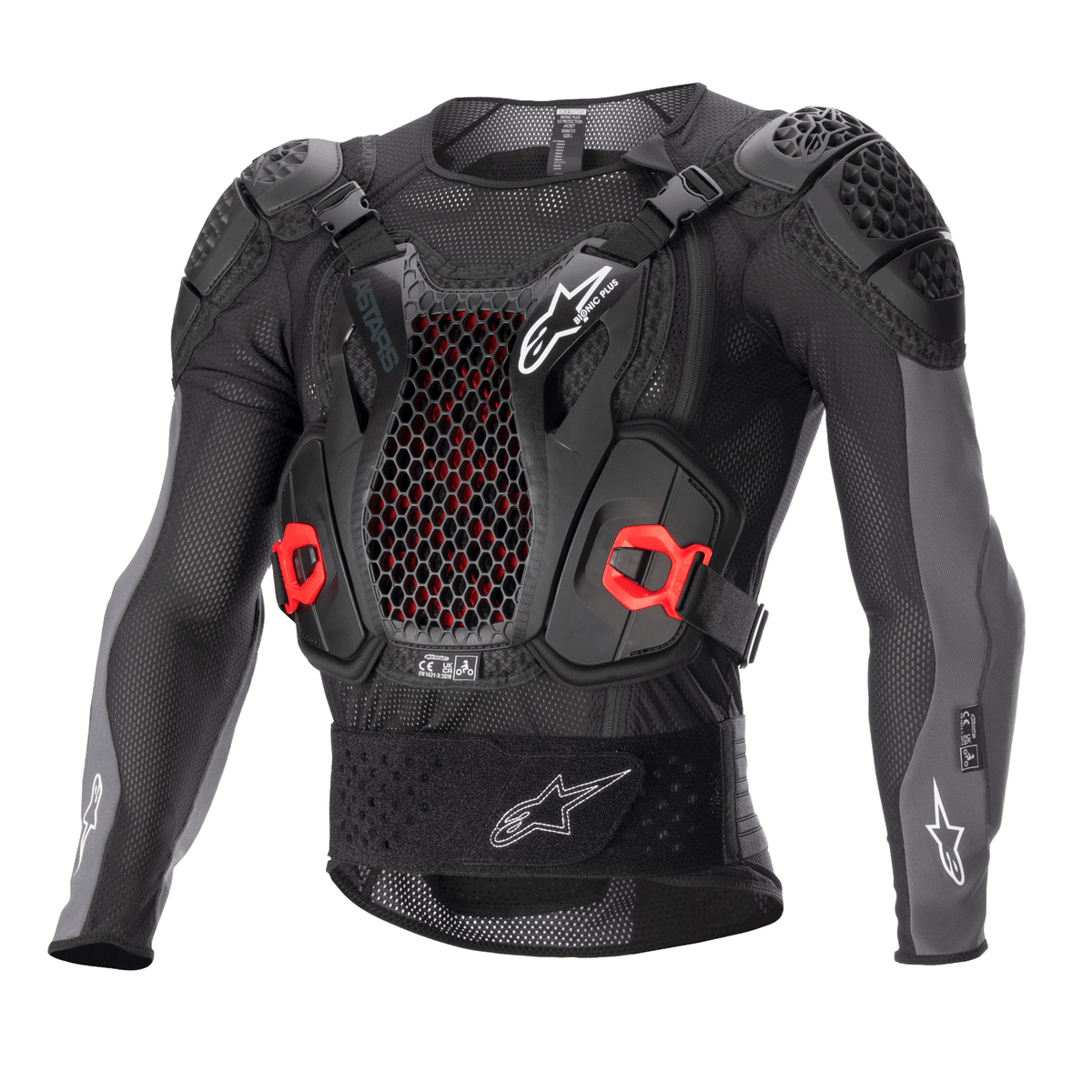 Alpinestars Bionic Plus V2 Protection Jacket, Motocross-Protektorenjacke, Schwarz und Anthrazitgrau mit roten Akzenten, Brustprotektor mit Wabenstruktur, gepolsterte Schultern und Ellbogen, atmungsaktives Mesh-Design für Offroad-Rennsport