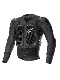 Alpinestars Bionic Action V2 Protection Jacket, Black, featuring honeycomb-patterned Cell Technology chest and elbow protectors, breathable mesh construction, white Alpinestars logo on the chest, off-road motorcycle protective gear