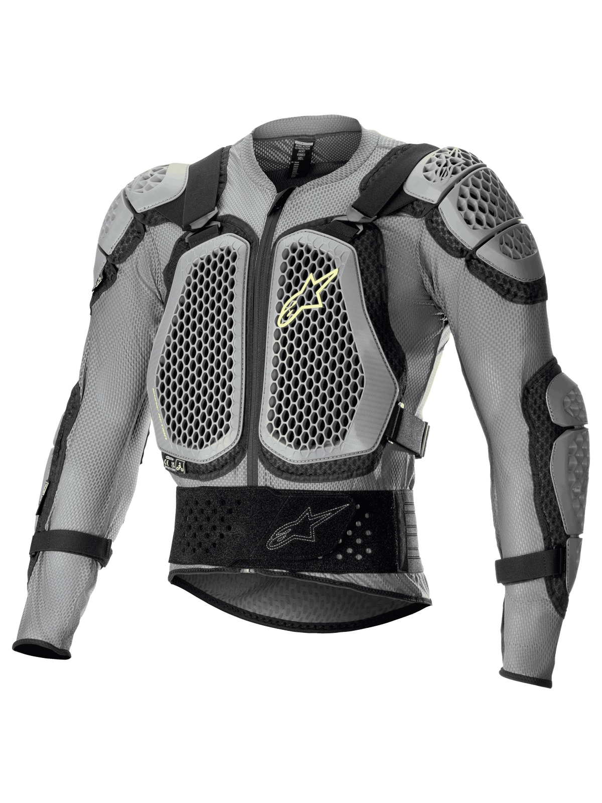 Alpinestars Bionic Action V2 Protection Jacket, protection corporelle pour moto tout-terrain, grise et noire avec des accents jaune fluo, dotée de protections de poitrine et d'épaules Cell Technology à motif nid d'abeille, construction en mesh respirant, sangles réglables et ceinture ventrale sécurisée pour le motocross et l'enduro.