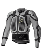 Alpinestars Bionic Action V2 beschermingsjas, off-road motorbodyprotector, grijs en zwart met fluogeel accenten, Cell Technology borst- en schouderbescherming met honingraatpatroon, ademende mesh-constructie, verstelbare riemen en tailleband voor motocross en enduro