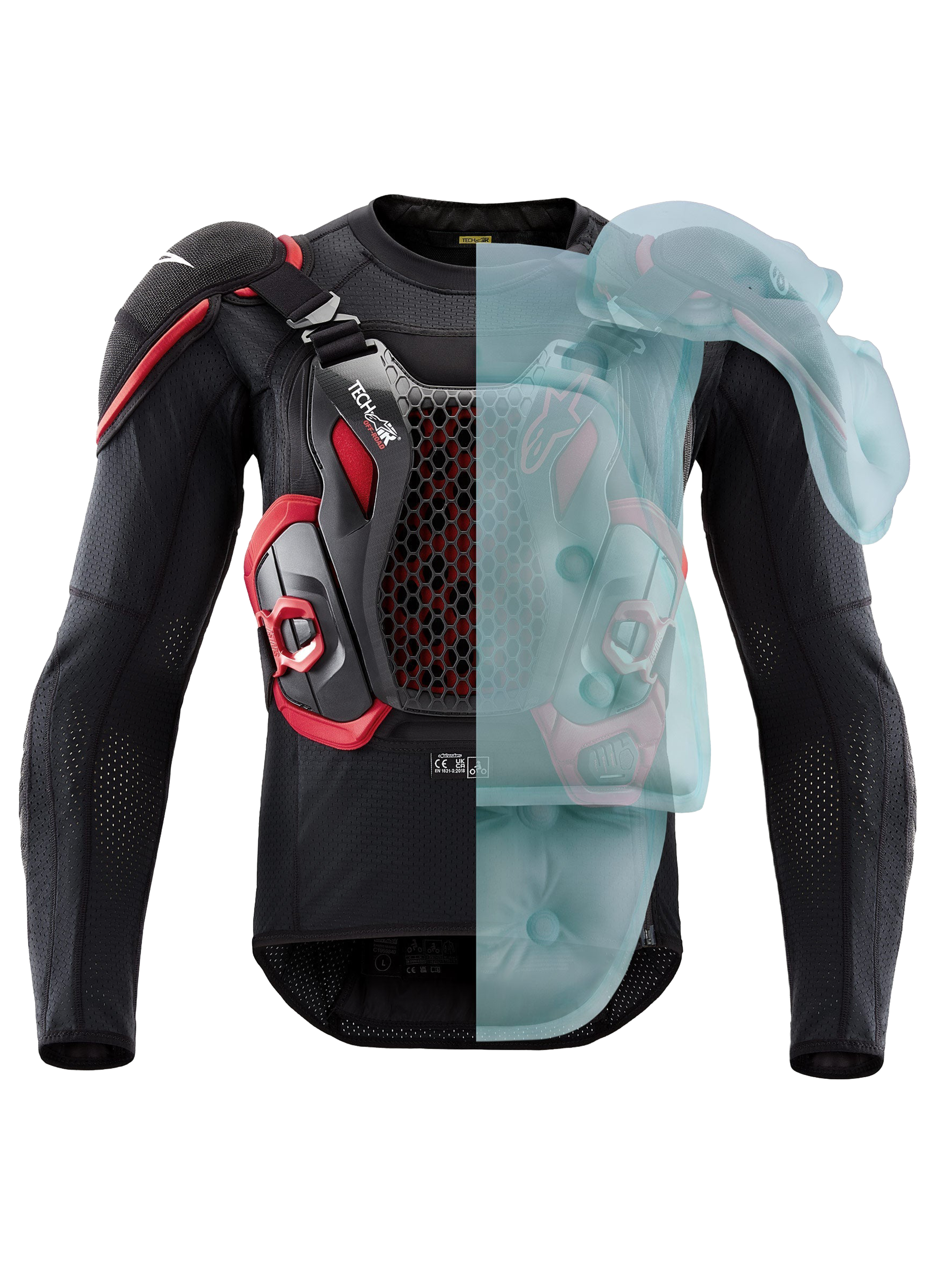 Alpinestars Tech-Air Off-Road System, FIM-homologated enduro and rally motorcycle airbag protection jacket, Black and Red, showing active airbag coverage on one side