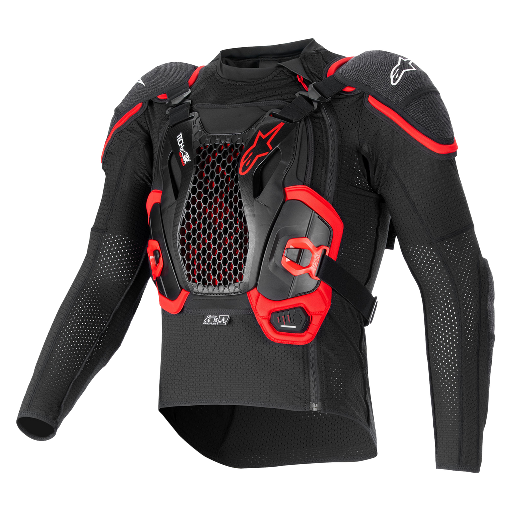 Tech-Air® Off-Road Systeem, zwart-rood motor-airbagjack met honingraat borstbeschermer en ademend mesh.