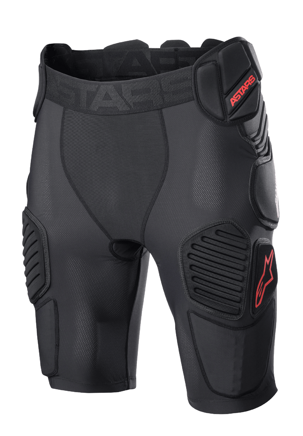 Alpinestars Bionic Pro Protection Shorts, Motocross-Protektorenshorts, Schwarz und Rot, mit gepolstertem Hüft- und Oberschenkelschutz, atmungsaktives Mesh-Gewebe, elastischer Bund mit rotem ASTARS-Logo, technisches Design für Offroad-Aufprallschutz