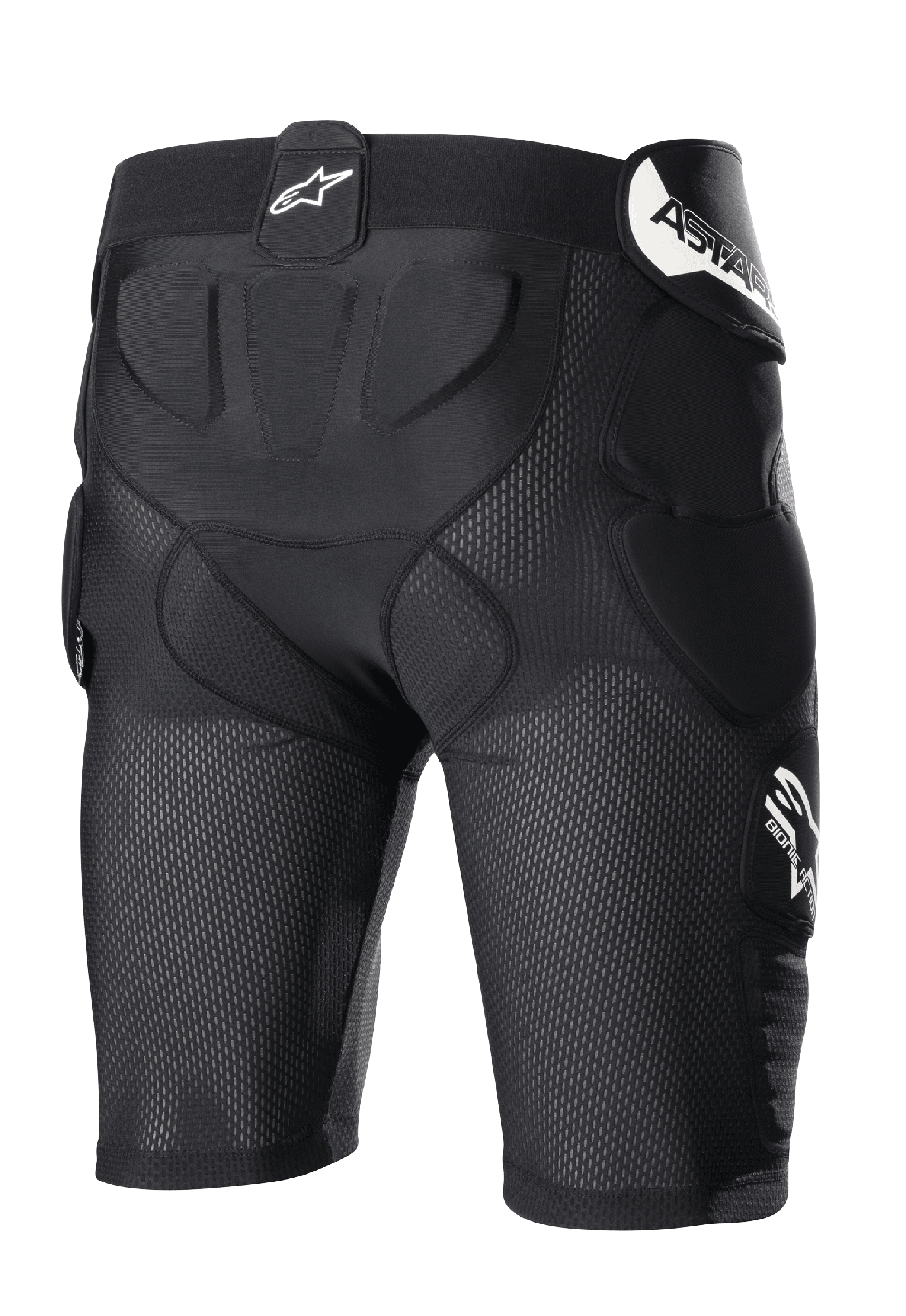 Alpinestars Bionic Action Protection Shorts, zwart, motorcross beschermingsshort met ademende mesh-constructie, geïntegreerde padding op de heupen en het stuitje, voorzien van witte branding op de tailleband en zijkant