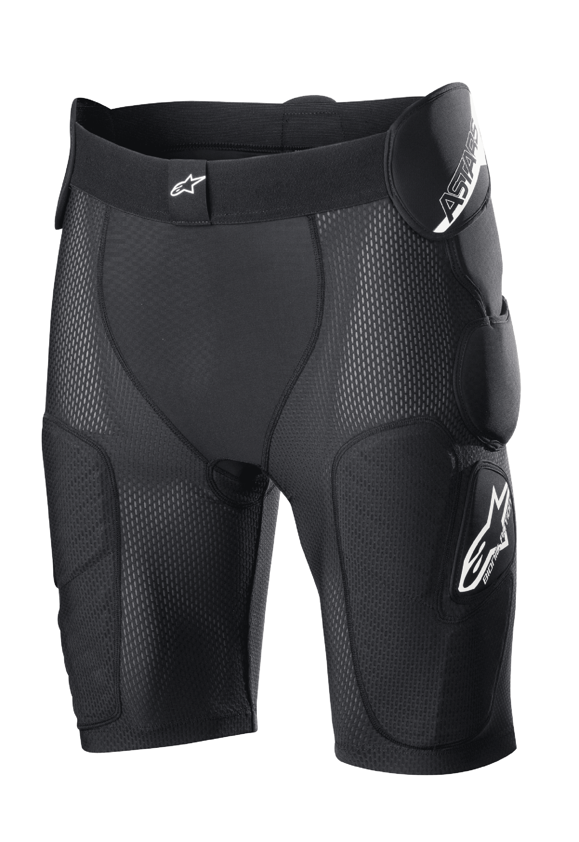 Alpinestars Bionic Action beschermingsshort, zwart, met geïntegreerde heup- en dijpadding, ademende mesh-constructie, elastische tailleband met wit logo, motorcross en off-road beschermende uitrusting