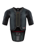 Alpinestars Tech-Air® 7X System, gilet airbag moto, noir et rouge, vue de face avec un châssis en mesh ventilé, fermeture éclair centrale avec tirette rouge et étiquettes de certification internes, protection haute performance pour la conduite sur piste et sur route