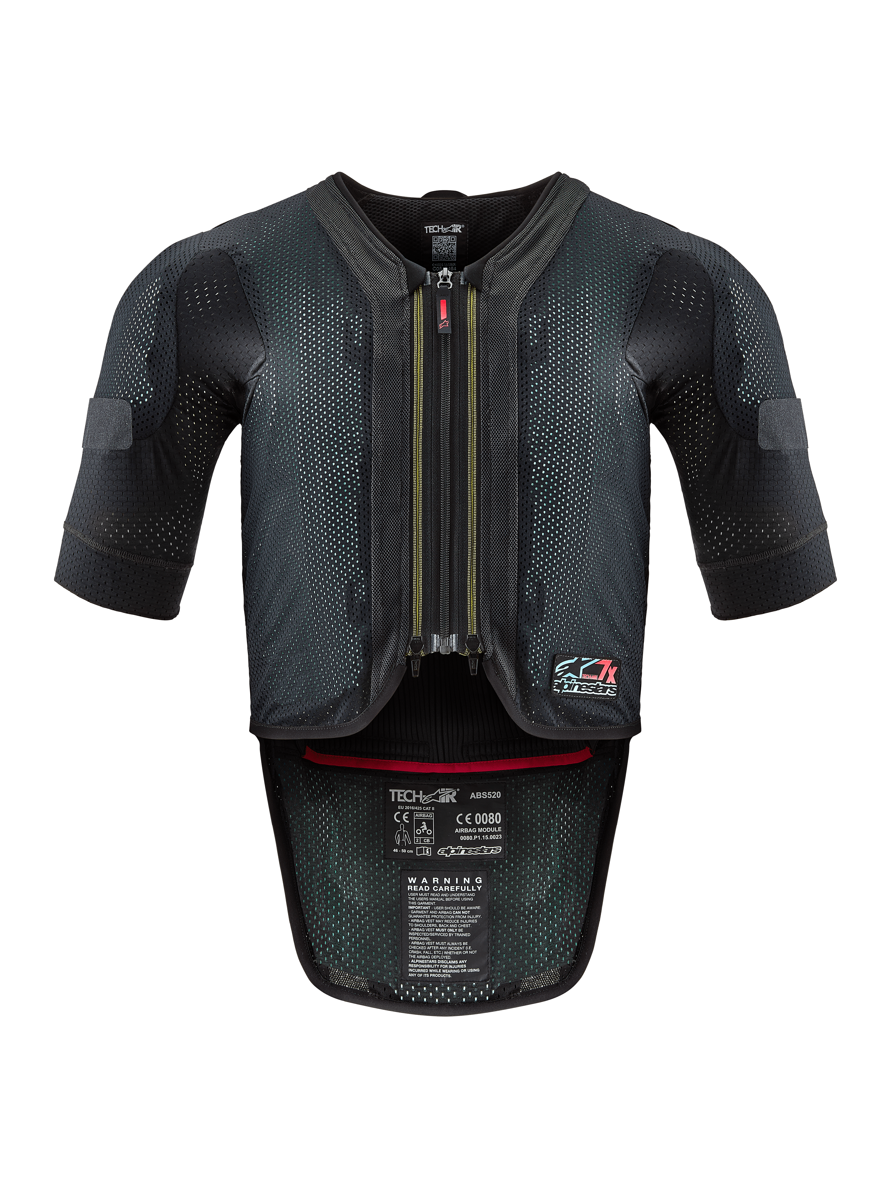 Alpinestars Tech-Air® 7X System, gilet airbag moto, noir et rouge, vue de face avec un châssis en mesh ventilé, fermeture éclair centrale avec tirette rouge et étiquettes de certification internes, protection haute performance pour la conduite sur piste et sur route