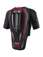 Système Alpinestars Tech-Air® 7X, gilet airbag moto, vue arrière montrant la protection dorsale intégrée avec texture en nid d'abeille, tissu mesh noir avec des accents rouges, équipement de sécurité ergonomique pour la course sur route et les journées sur circuit