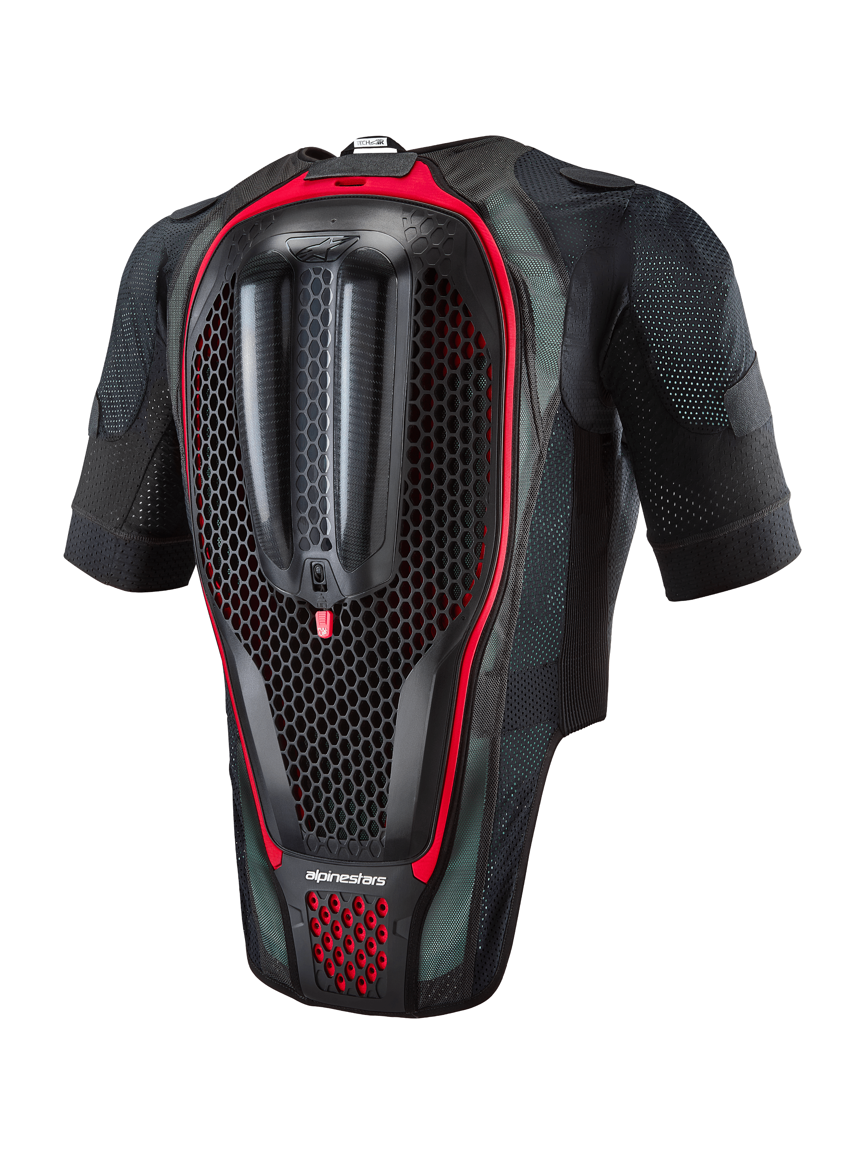 Système Alpinestars Tech-Air® 7X, gilet airbag moto, vue arrière montrant la protection dorsale intégrée avec texture en nid d'abeille, tissu mesh noir avec des accents rouges, équipement de sécurité ergonomique pour la course sur route et les journées sur circuit