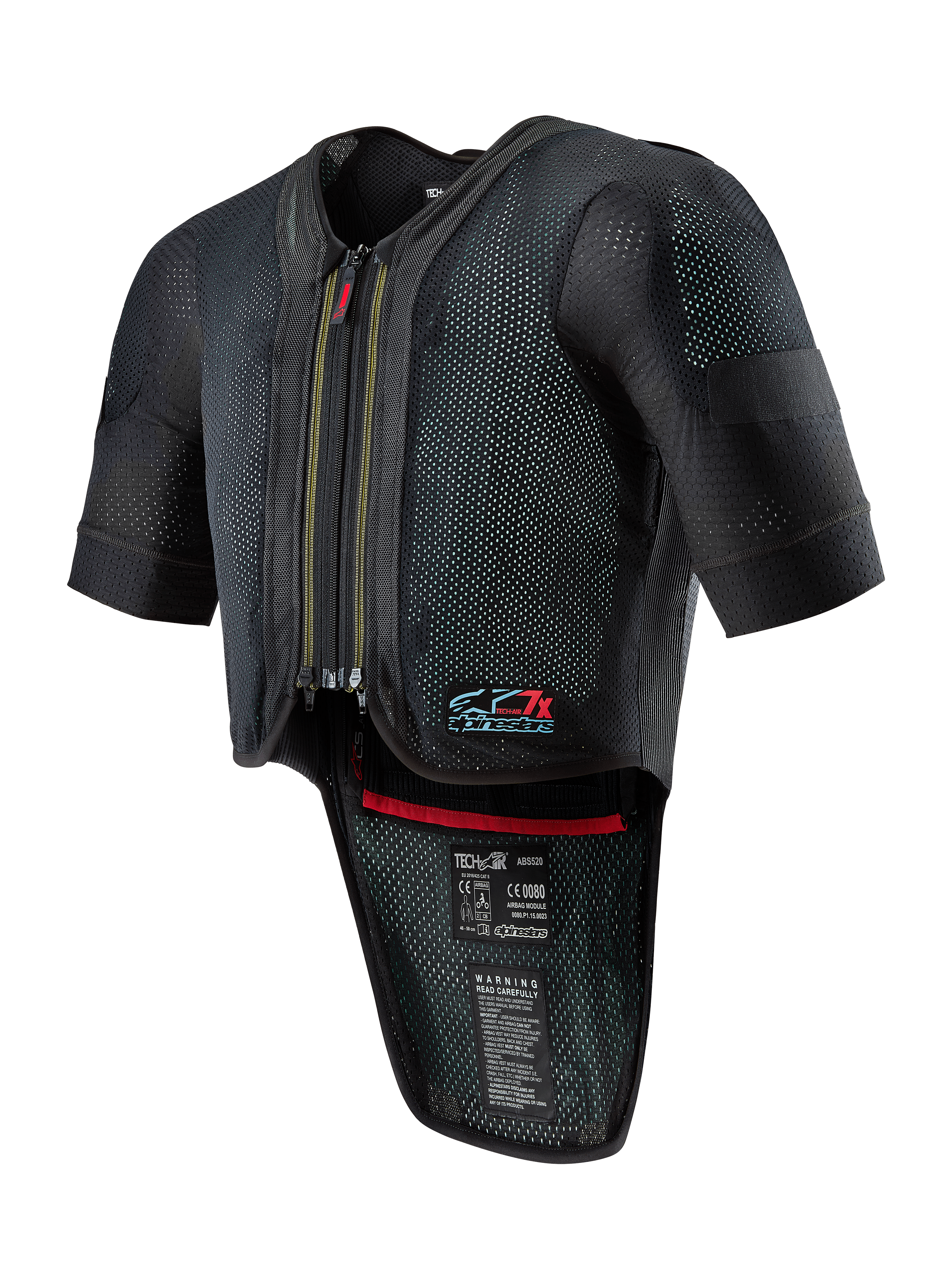 Alpinestars Tech-Air 7X System, gilet airbag pour moto, noir, avec fermeture éclair frontale, châssis en mesh ventilé à texture pointillée, manches courtes, protection dorsale étendue, finition intérieure rouge et logo Tech-Air 7X sur la poitrine, conçu pour la course sur route et la performance sur circuit
