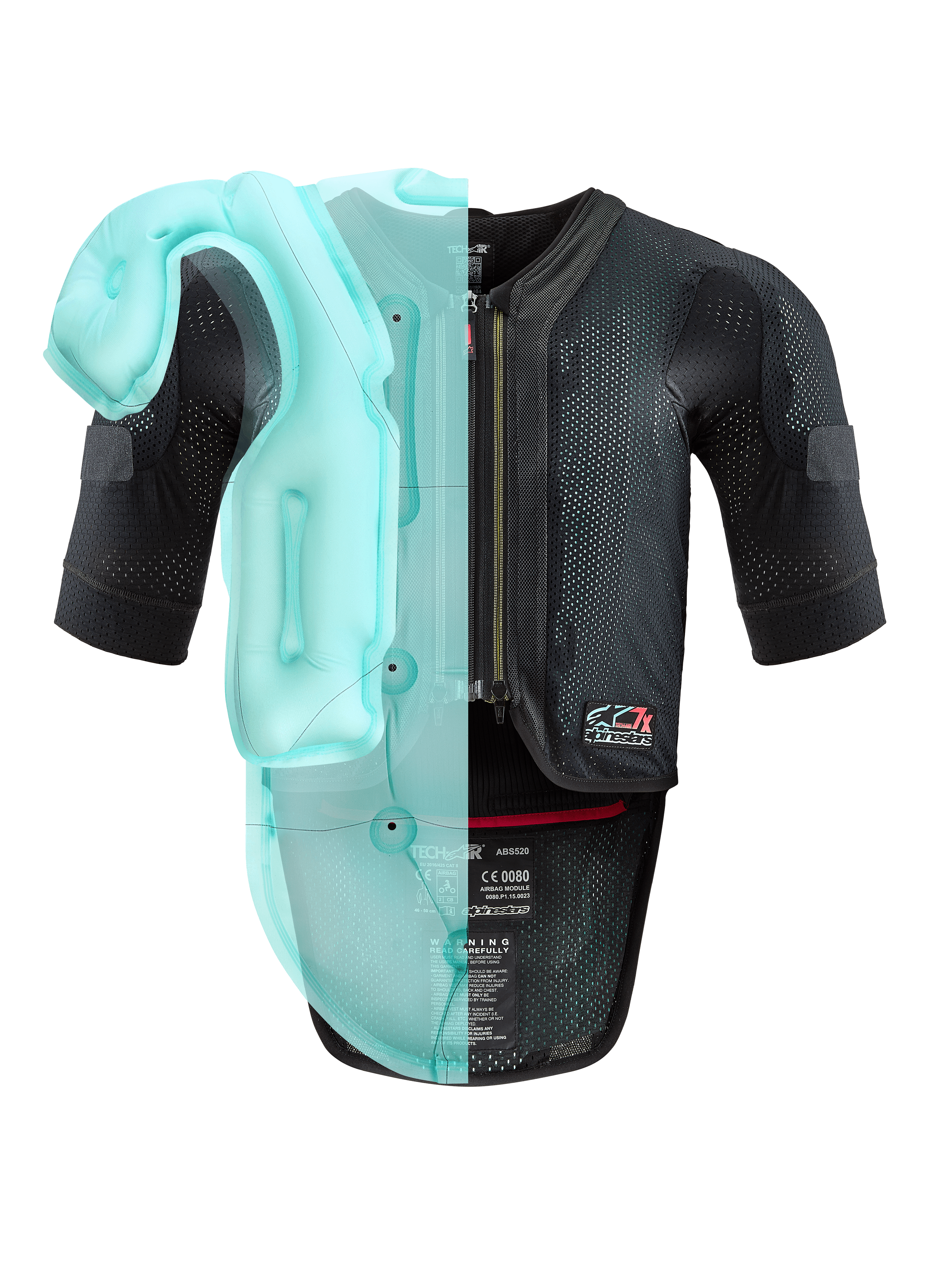 Système Alpinestars Tech-Air® 7X, gilet airbag de moto autonome, châssis en mesh noir avec visualisation bleu clair translucide de la vessie interne de l'airbag, équipement de protection technique à manches courtes avec protection dorsale intégrée