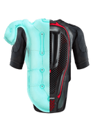 Système Alpinestars Tech-Air® 7X, gilet airbag moto, noir et rouge, vue de dos présentant un visuel divisé du coussin d'air gonflé bleu clair et de la protection dorsale interne en nid d'abeille, protection haute performance pour circuit et route