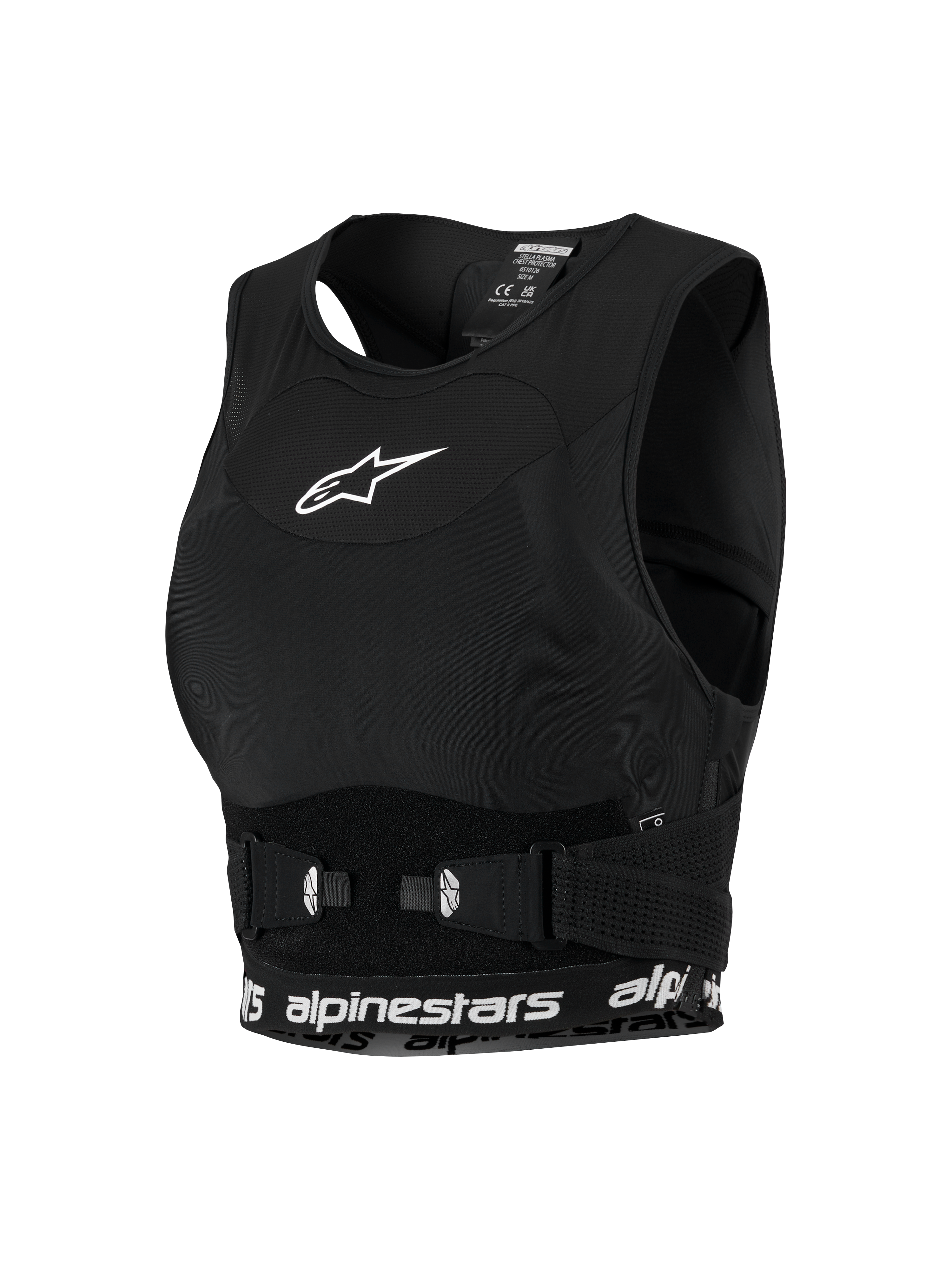Protecteur de poitrine Alpinestars Stella Plasma pour femme, équipement de motocross pour femme, noir avec détails blancs, châssis en mesh de style brassière de sport, avec logo étoile blanche sur la poitrine et bande inférieure marquée, boucles latérales réglables pour un ajustement sûr