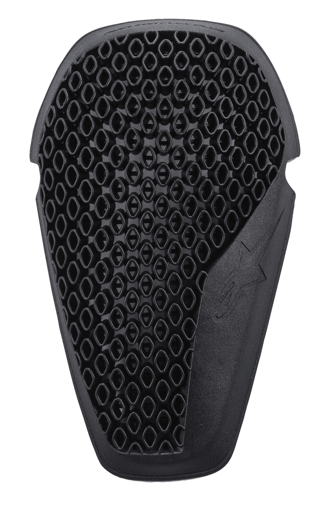 Alpinestars Nucleon Flex Plus Knee Protectors, Black, motorcycle armor insert featuring a ventilated open-cell honeycomb structure, ergonomic shape with embossed star logo, flexible and low-profile design for impact protection