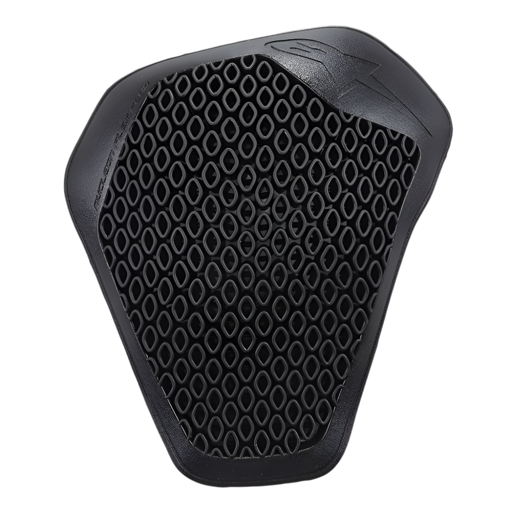 Alpinestars Nucleon Flex Plus Shoulder Protector, Black, motorcycle armor insert featuring a perforated open-cell structure for ventilation, slim ergonomic shield shape, embossed branding