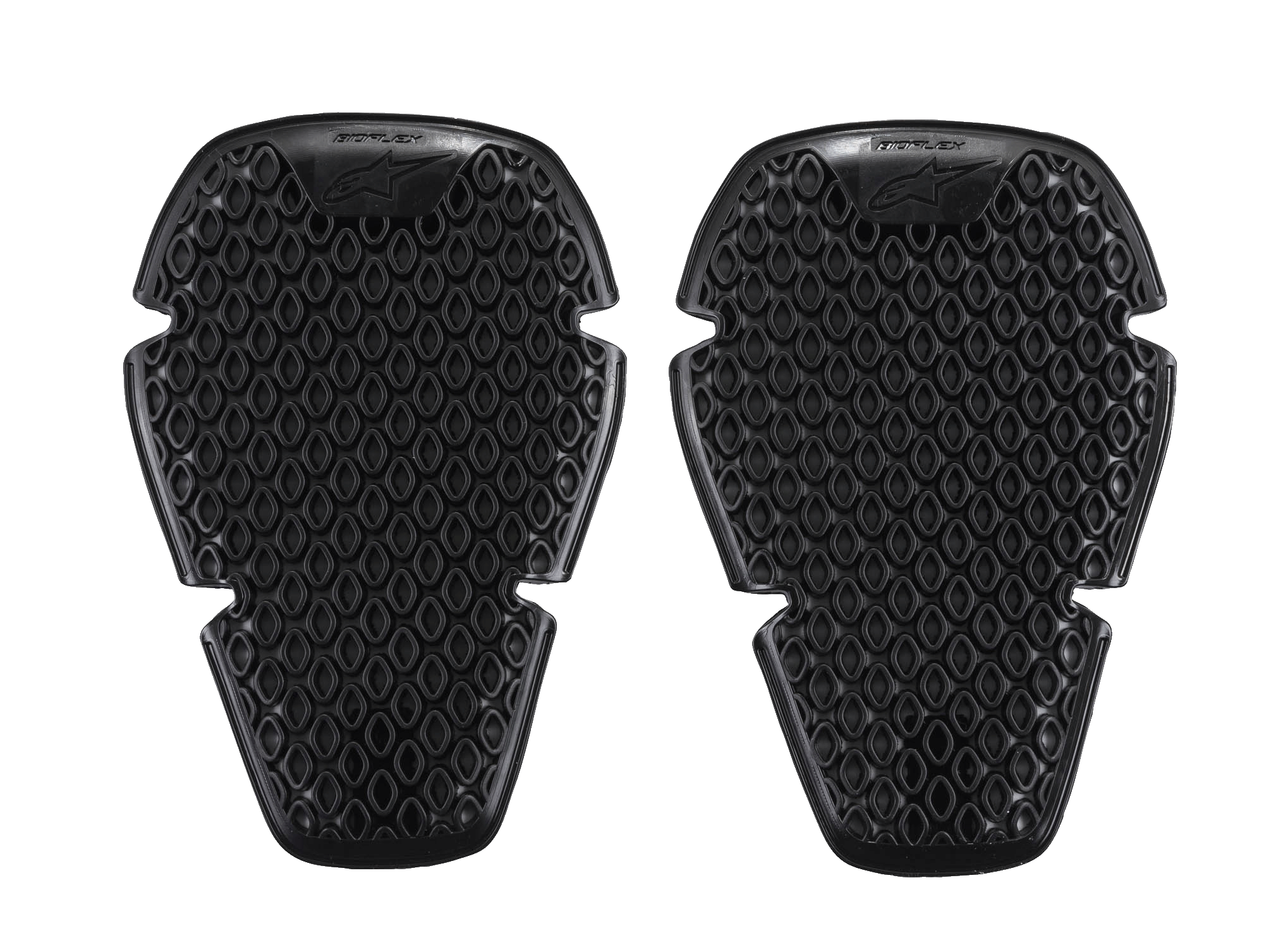 Alpinestars Bioflex Knee Protection, genouillères noires, paire d'inserts de protection fins dotés d'une structure à cellules reliées avec ventilation en forme de losange, design ergonomique léger pour la protection contre les chocs, logo Alpinestars et marquage Bioflex sur la partie supérieure
