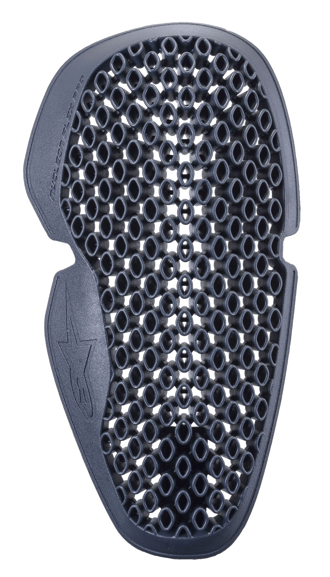 Alpinestars Nucleon Flex Pro Elbow Protector, Anthracite Gray, ventilated honeycomb-style grid design, lightweight and flexible armor insert for motorcycle gear, featuring ergonomic shaping and Alpinestars logo