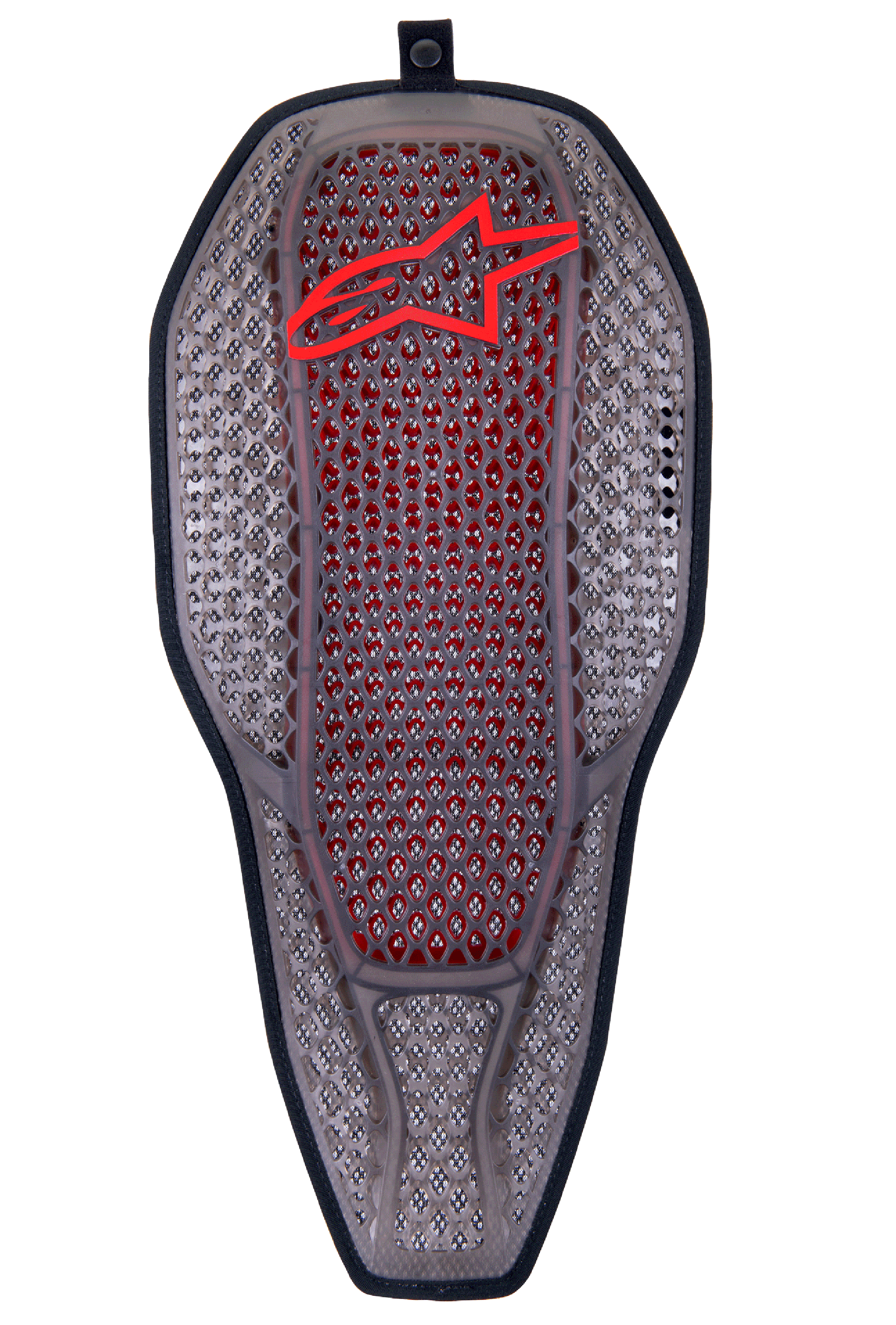 Alpinestars Nucleon Flex Proi Volledige Rugbeschermer Inzetstuk, Transparent Smoke Red, rookgrijze hexagonale celstructuur met rode binnenkern, rood Alpinestars-logo aan de bovenkant, ergonomische langwerpige schildvorm, sterk geventileerde motorbescherming