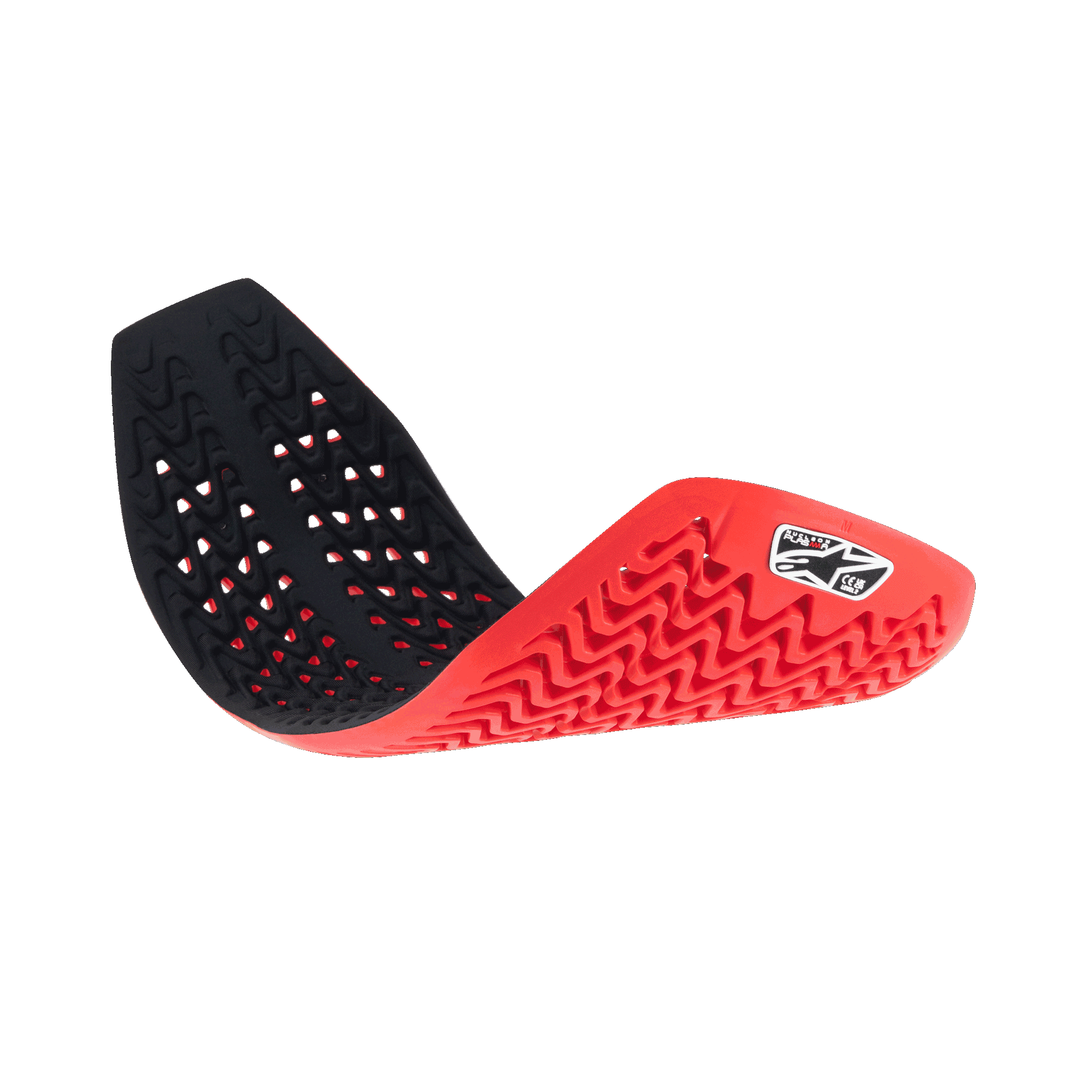 Alpinestars Nucleon Plasma Full Back Protector Insert, Red and Black, flexible motorcycle back protector shown curved to demonstrate pliability, featuring a ventilated honeycomb structure and wavy patterns for impact absorption and breathability