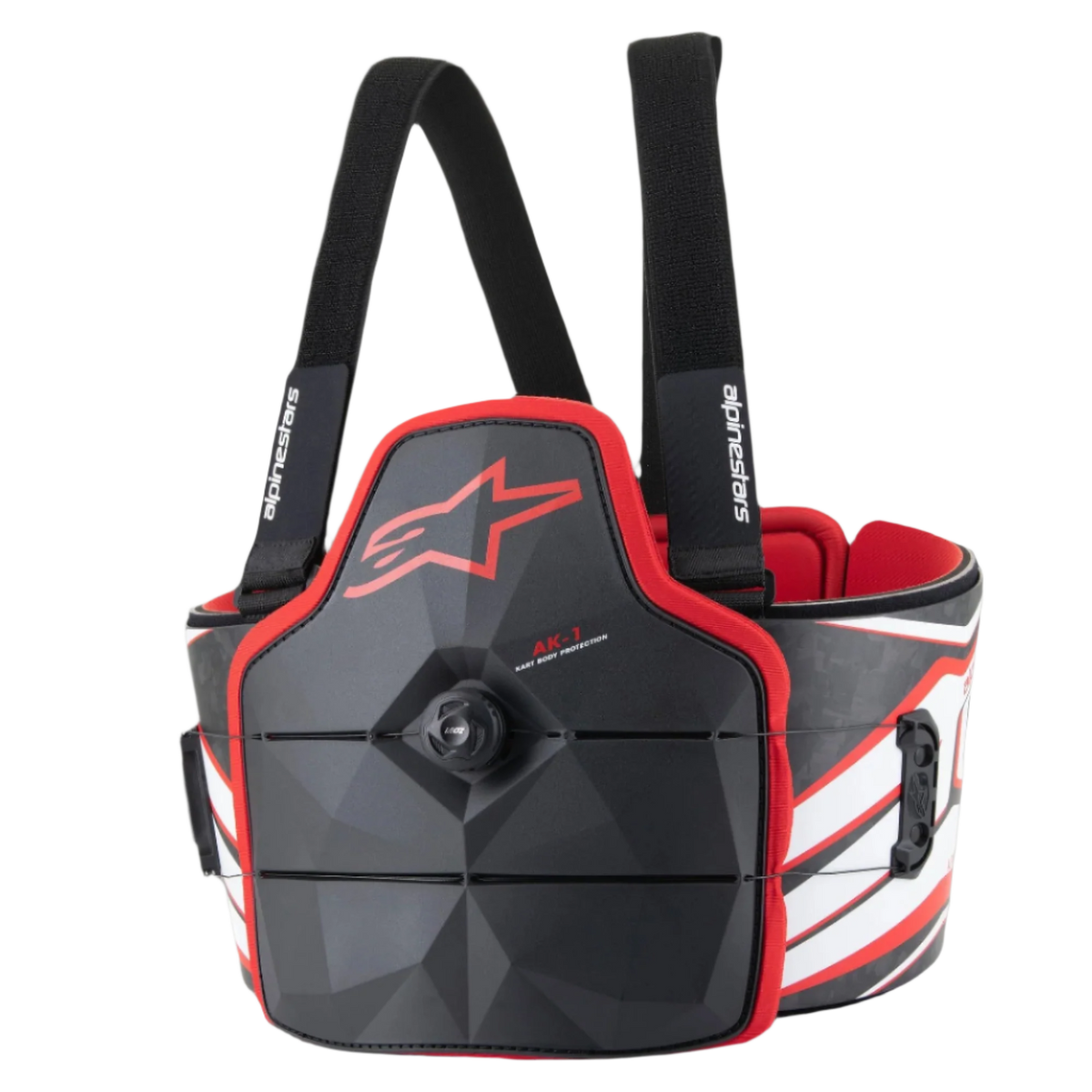 Alpinestars AK-1, protection dorsale pour karting, noir et rouge, design géométrique avec motif carbon, rembourrage rouge intérieur, bretelles réglables noires, molette d'ajustement centrale, bandes rouges et blanches latérales, logo étoile rouge