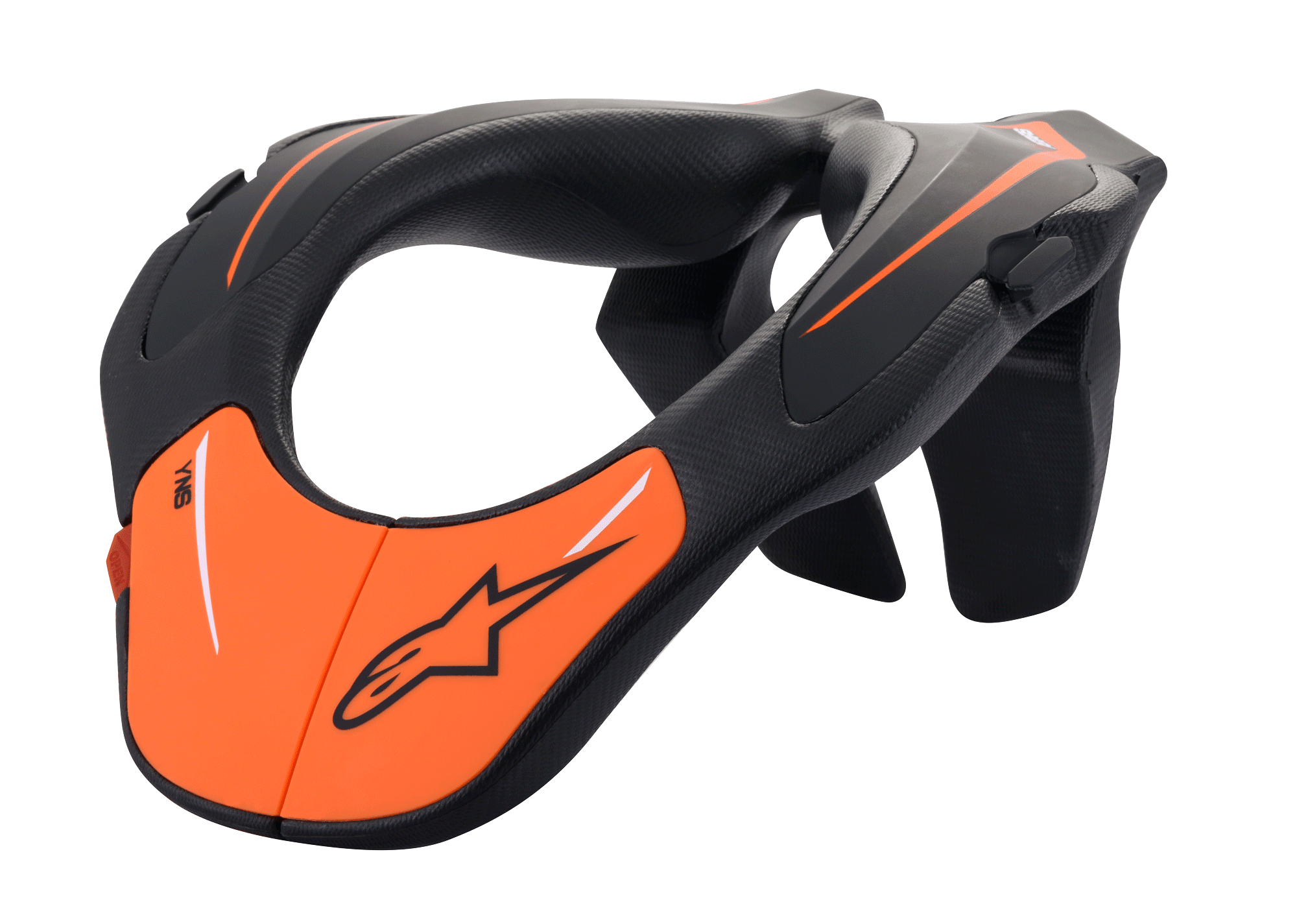 Alpinestars Youth Neck Support, motorcross nekbrace, zwart en oranje, ergonomisch frame van geïnjecteerd polymeer met gestructureerd oppervlak, beschermende uitrusting voor jonge rijders en off-road racing