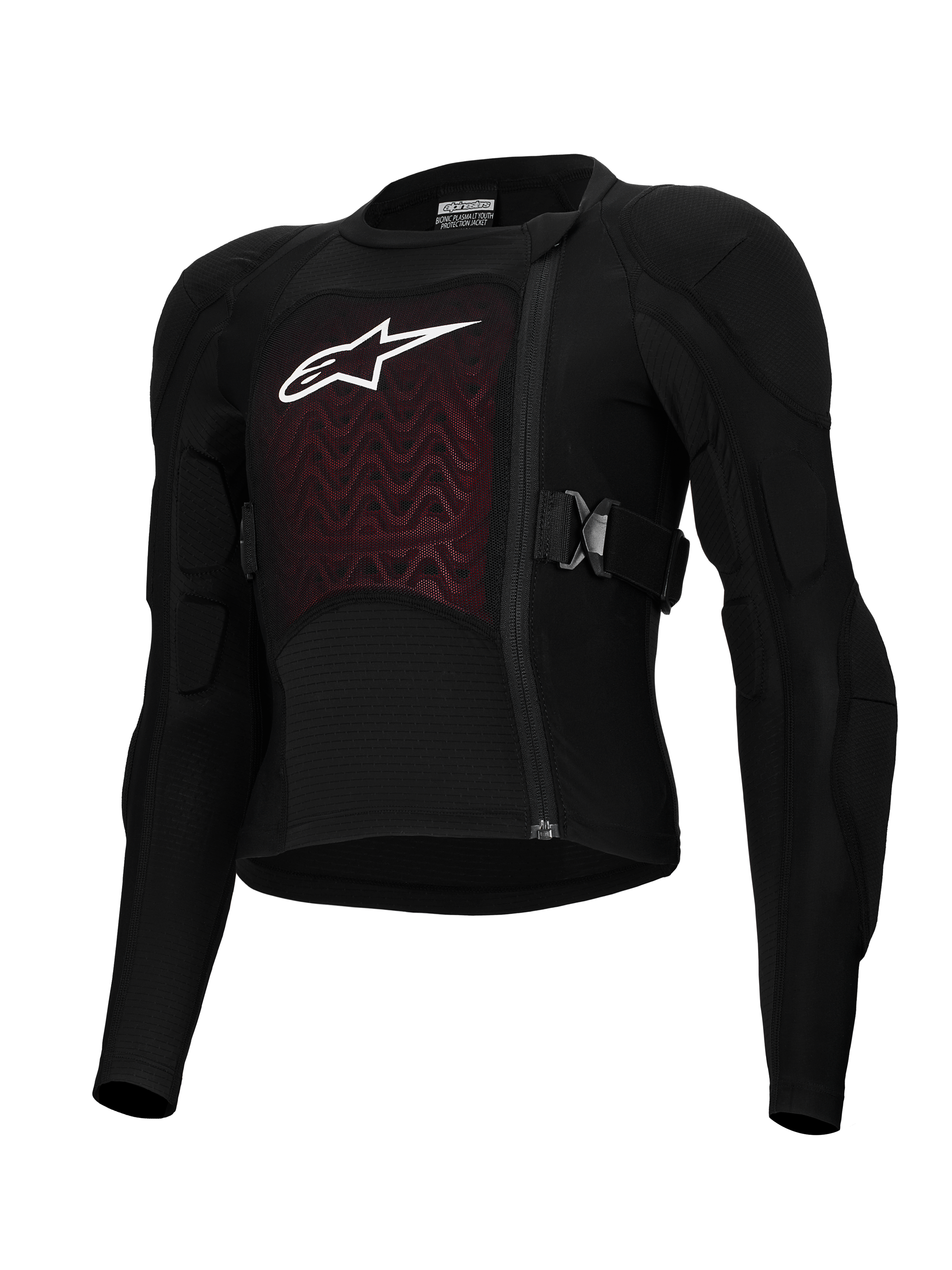 Alpinestars Bionic Plasma LT Youth Protection Jacket, veste de protection pour moto jeunesse, noire et rouge, avec épaules et coudes rembourrés, fermeture éclair décalée, sangles latérales ajustables et panneau de poitrine texturé avec logo blanc