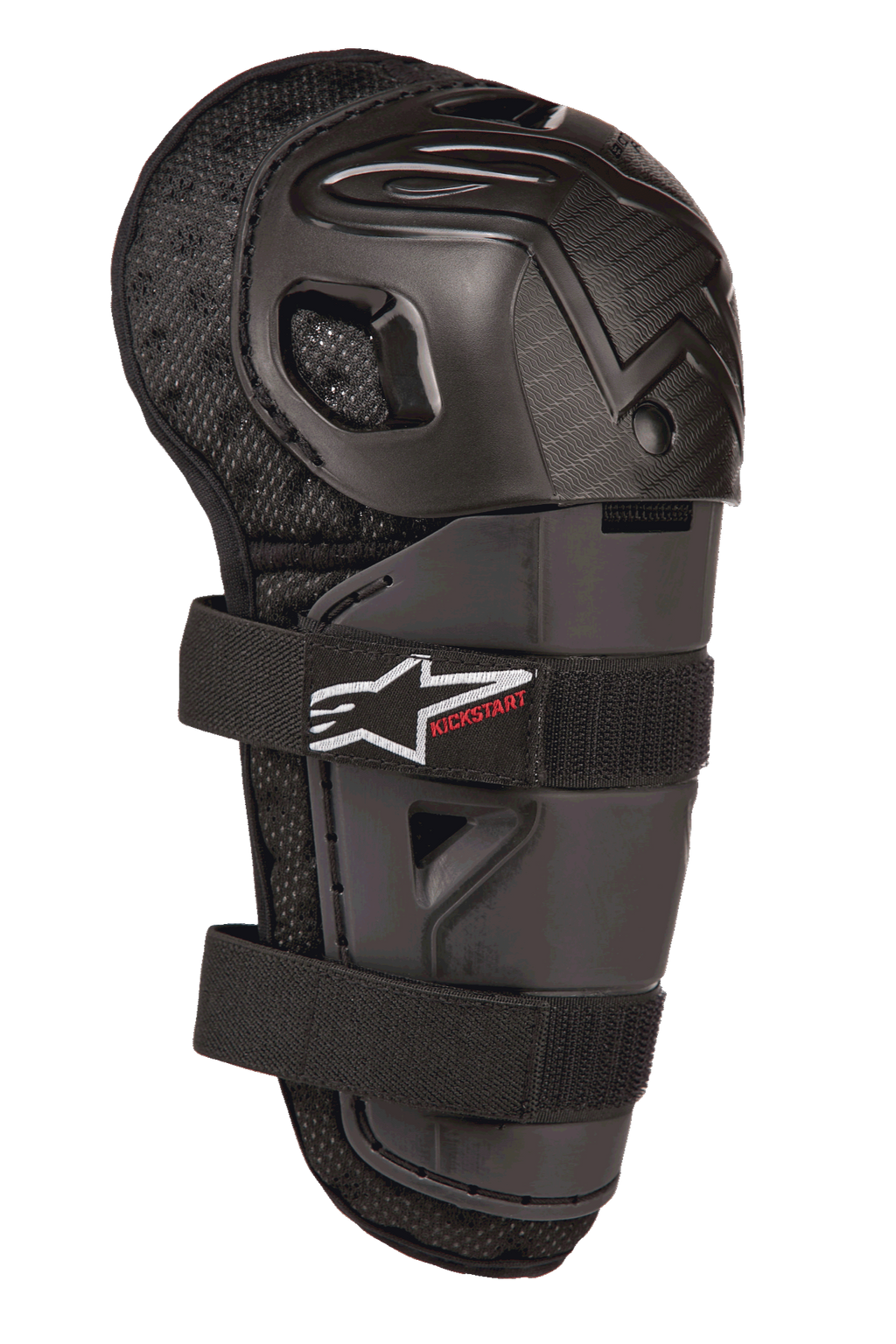 Alpinestars Bionic Action Kickstart kniebeschermer, jeugd motorcross knie- en scheenbeschermer, zwart, met gearticuleerde plastic schaal, dubbele elastische bandsluiting met wit logo en rode Kickstart-branding, gewatteerde mesh-achterkant voor off-road bescherming