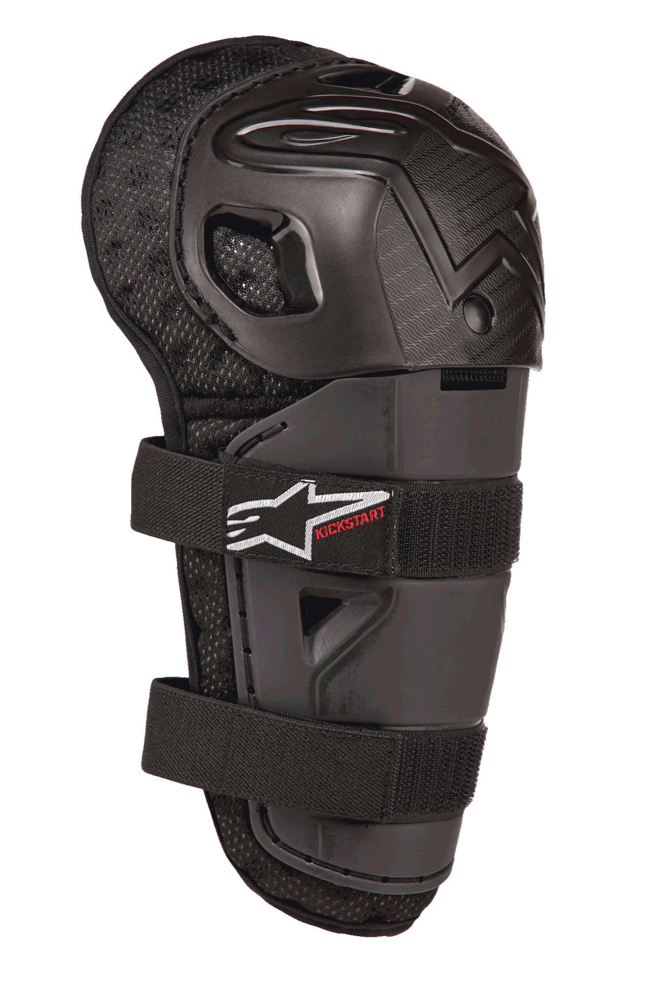 Alpinestars Bionic Action Kickstart kniebeschermer, jeugd motorcross knie- en scheenbeschermer, zwart, met gearticuleerde plastic schaal, dubbele elastische bandsluiting met wit logo en rode Kickstart-branding, gewatteerde mesh-achterkant voor off-road bescherming