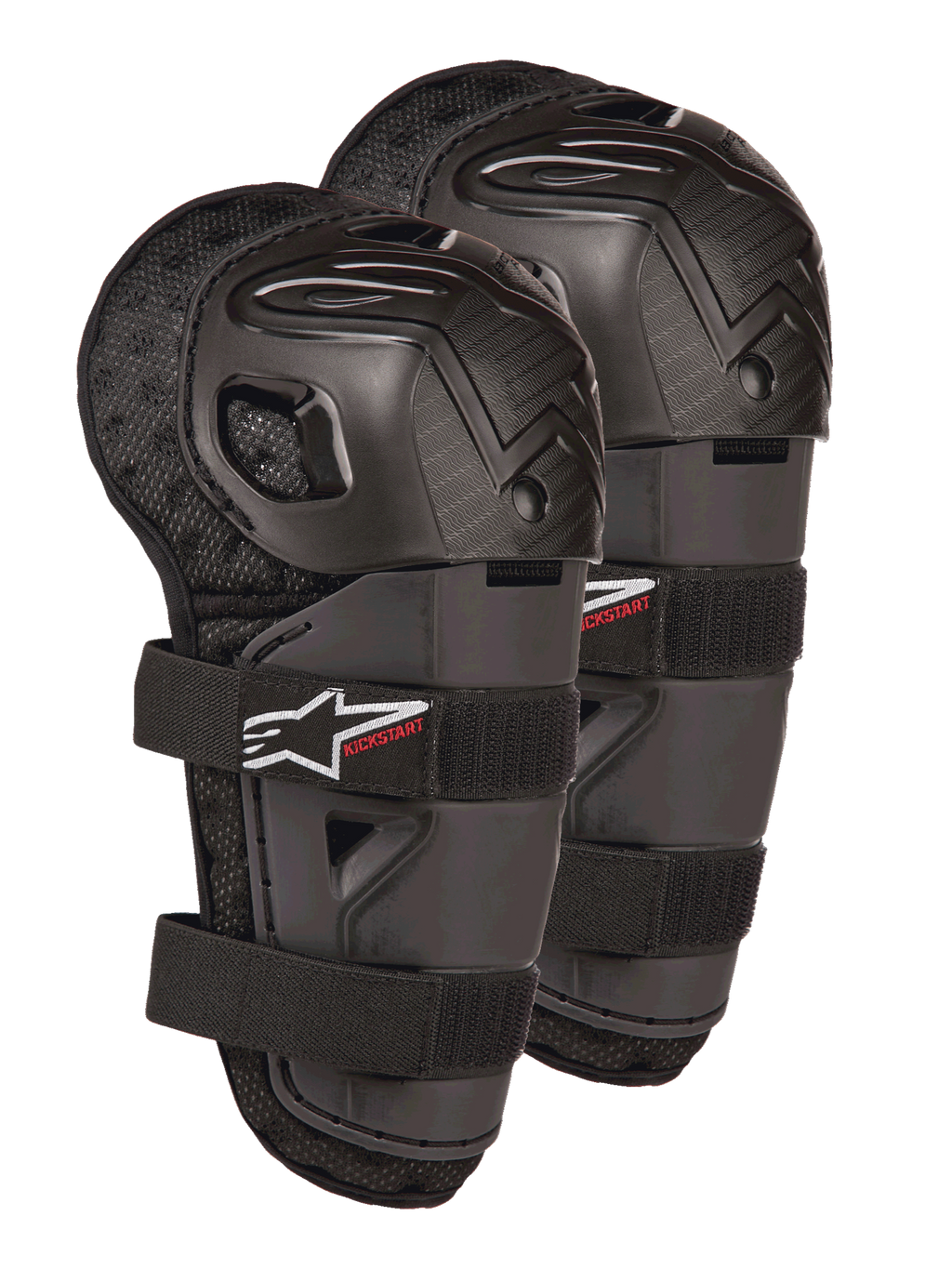 Alpinestars Bionic Action Kickstart kniebeschermers, motocross knie- en scheenbeschermers voor de jeugd, zwart met rood KICKSTART-logo, gearticuleerde kunststof schaal en dubbele elastische banden, beschermende uitrusting voor jonge off-road rijders