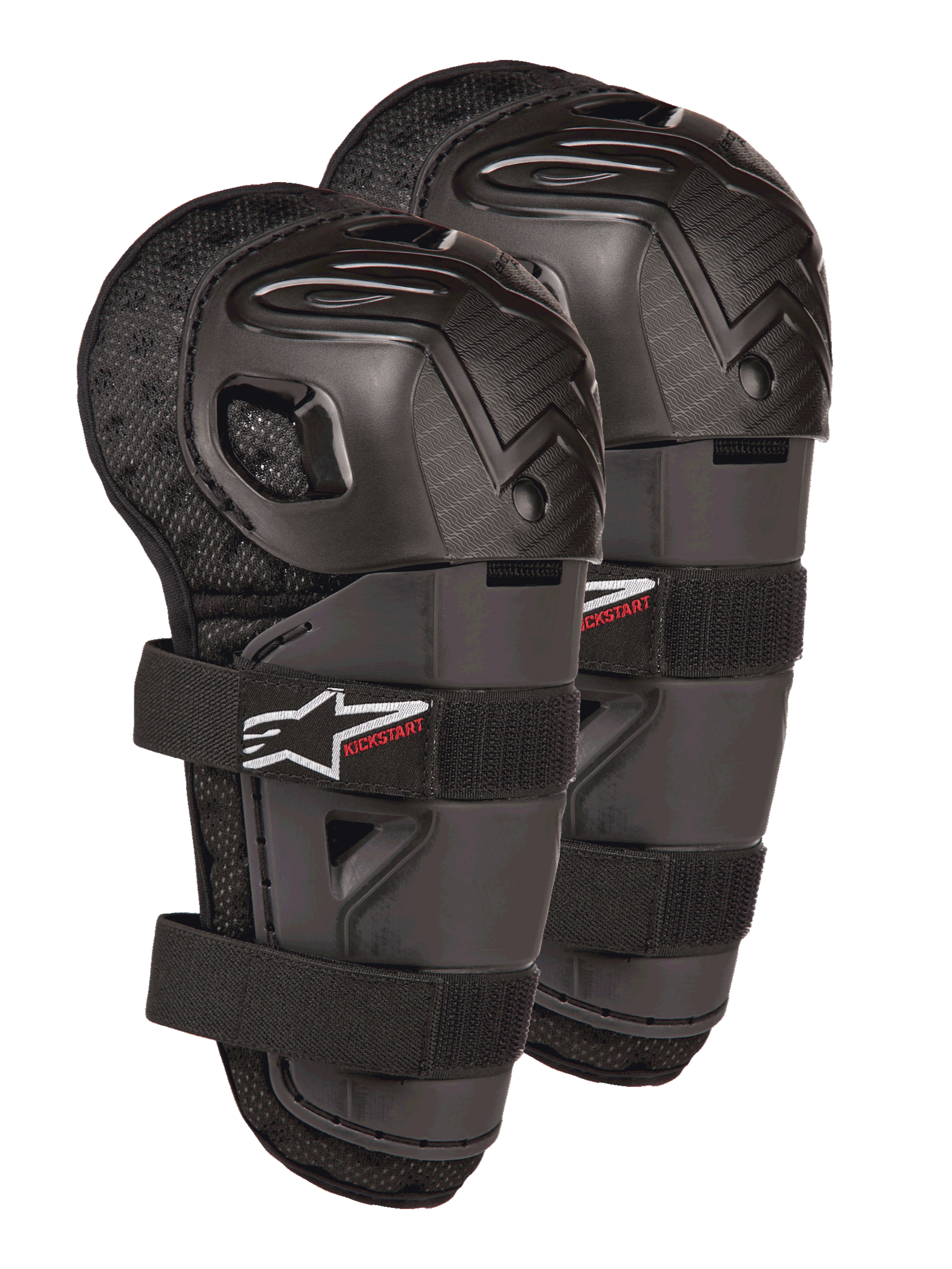 Alpinestars Bionic Action Kickstart kniebeschermers, motocross knie- en scheenbeschermers voor de jeugd, zwart met rood KICKSTART-logo, gearticuleerde kunststof schaal en dubbele elastische banden, beschermende uitrusting voor jonge off-road rijders