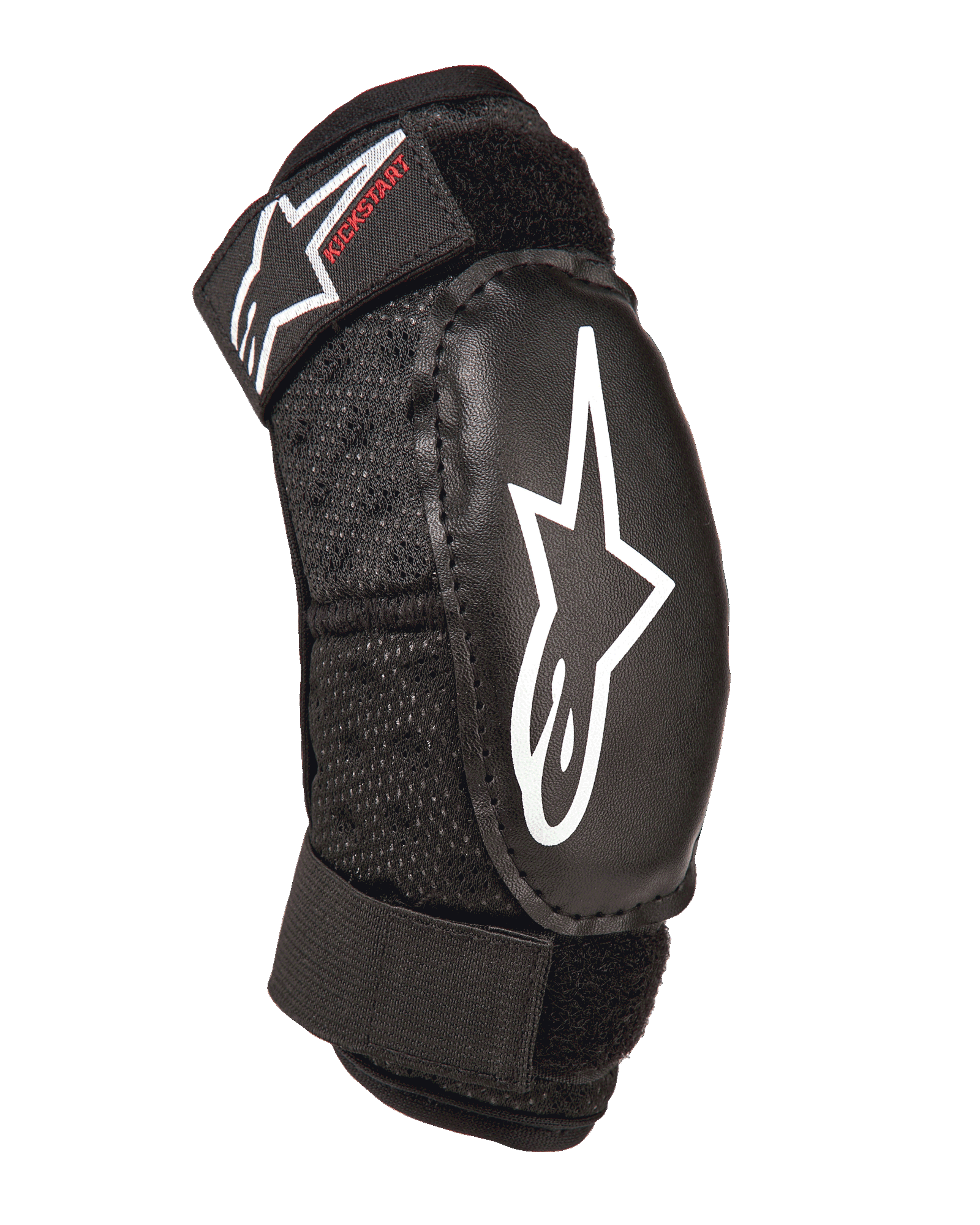Alpinestars Youth Bionic Action Kickstart Elbow Guard, Black, protective youth elbow pad with white star logo and red Kickstart branding, double adjustable straps with Velcro, breathable mesh fabric, ergonomic design for motocross and action sports