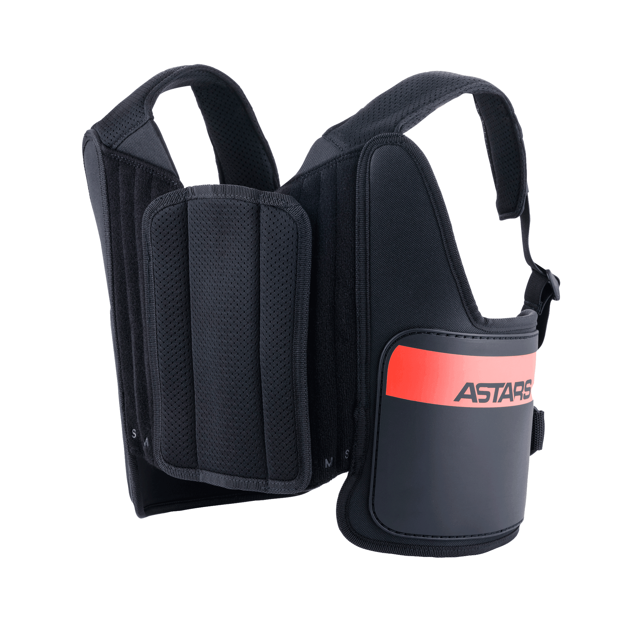 Alpinestars Youth Bionic Rib Support, protège-côtes de karting, noir avec des accents rouges, doté de bretelles réglables en maille, d'un panneau central rembourré et de coques latérales rigides avec le logo ASTARS, équipement de sécurité léger et ergonomique pour jeunes pilotes.