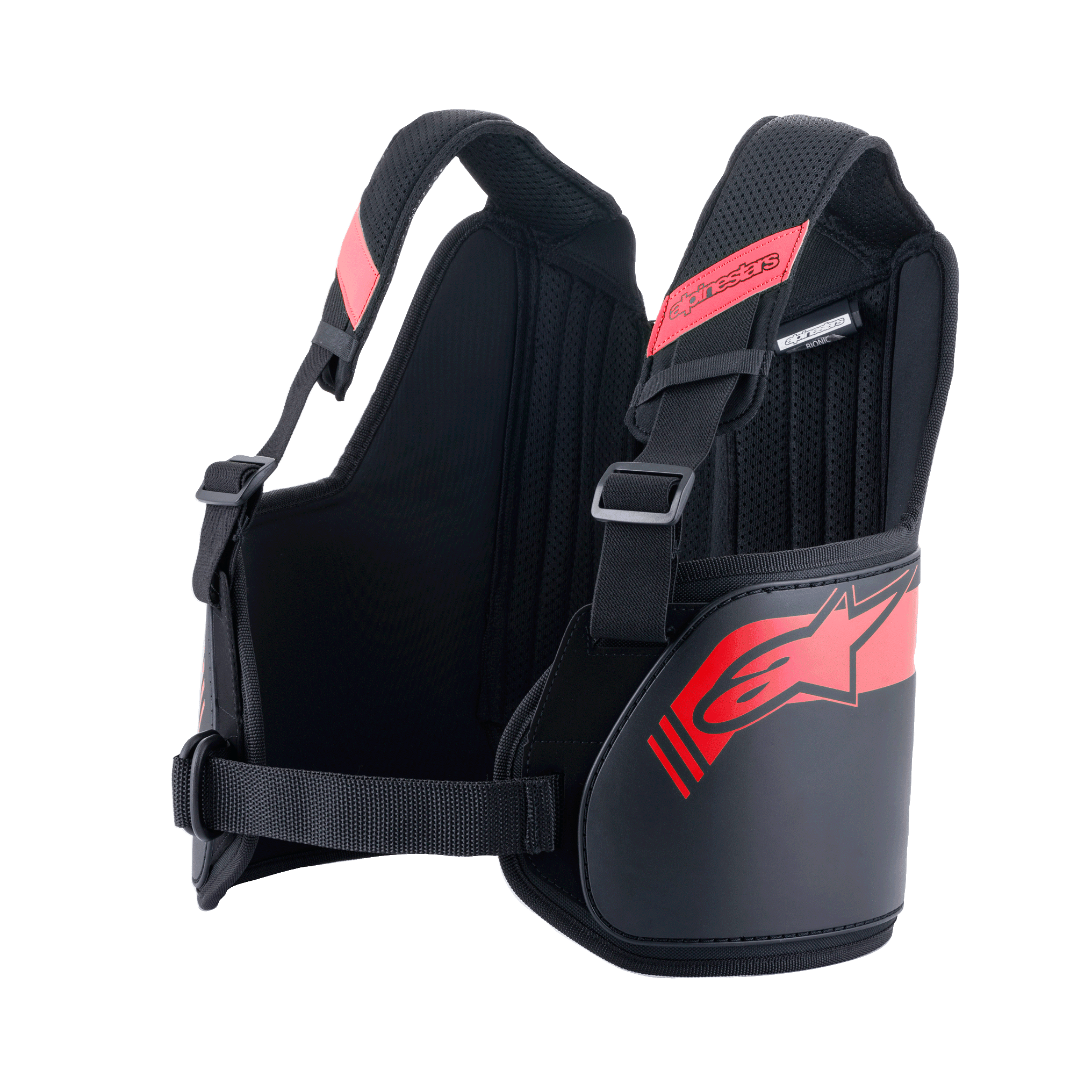 Alpinestars Youth Bionic Rib Support, Black and Red, Karting Rib Protector, featuring adjustable 3D mesh shoulder straps, hardshell side panels with red star logo, and adjustable waist strap for a secure fit