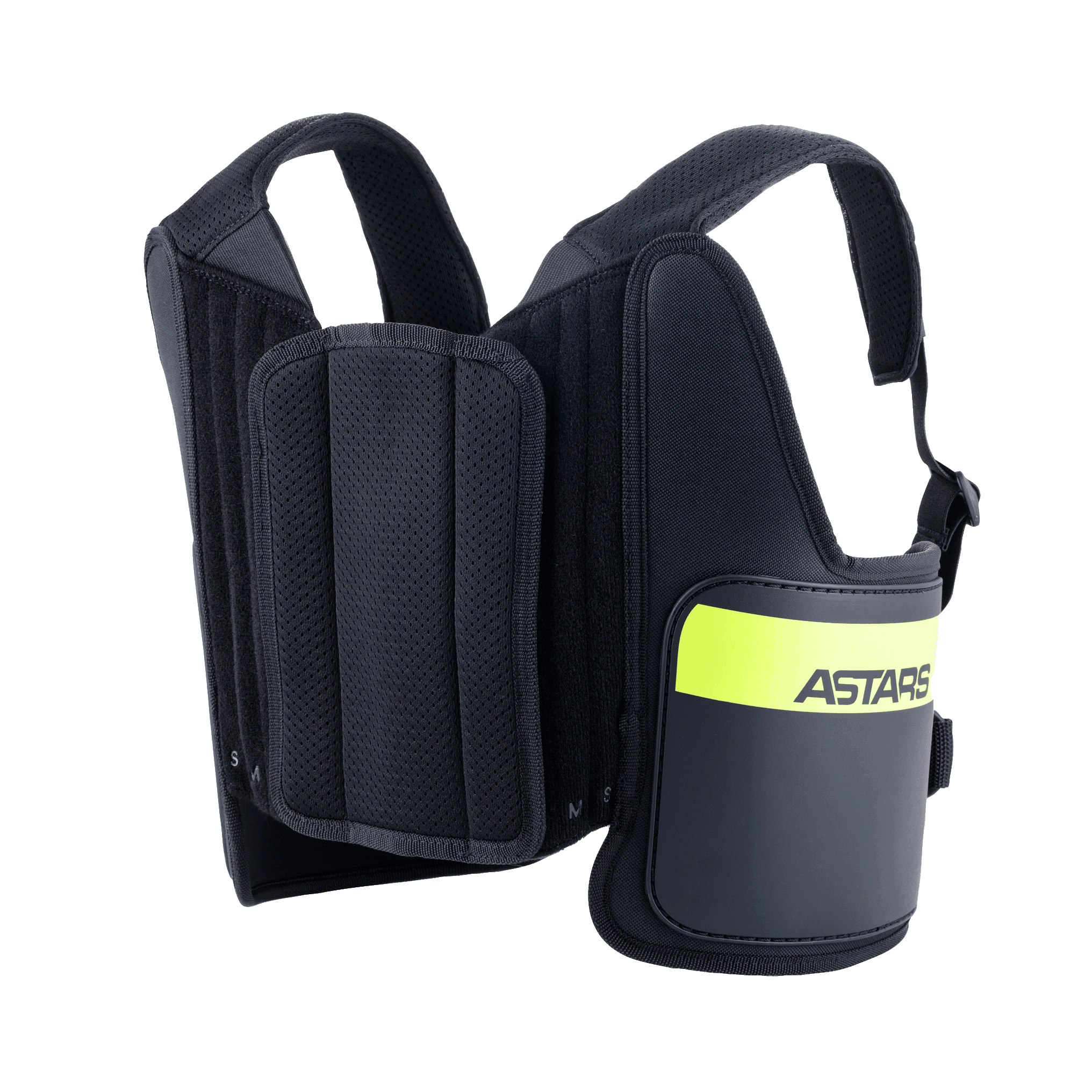 Alpinestars Youth Bionic Rib Support, karting ribbeschermer, zwart en geel fluo, met verstelbare mesh schouderbanden, gewatteerde zijpanelen met een felgele fluorescerende band en ASTARS-branding, ergonomisch ontwerp voor bescherming tijdens het karten