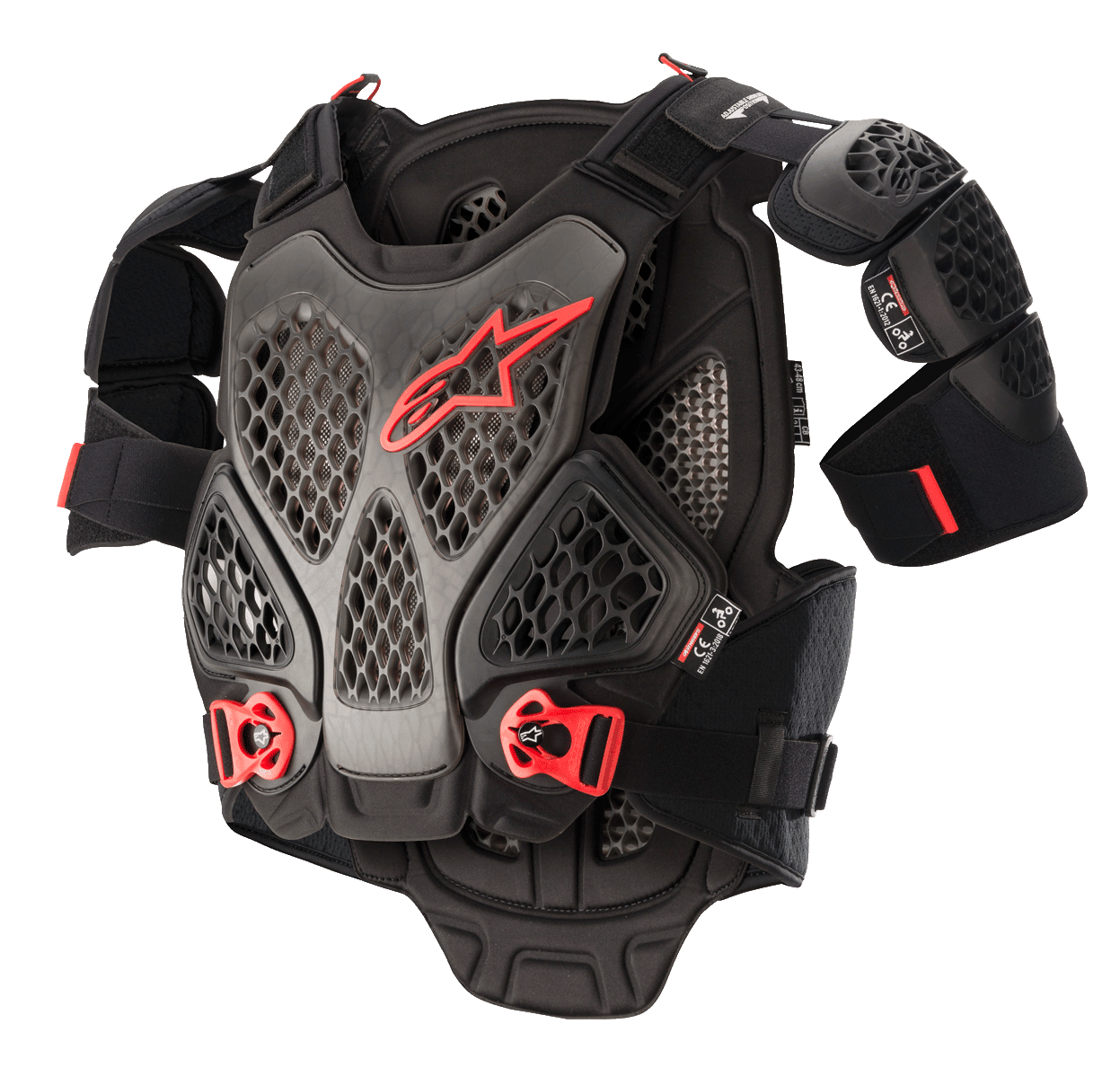 Alpinestars A-6 borstbeschermer, motorcross body armor, zwart antraciet en rood, voorzien van honingraat Cell-technologie platen, rood Alpinestars-logo, verstelbare rode snelsluitingen en afneembare schouderbeschermers