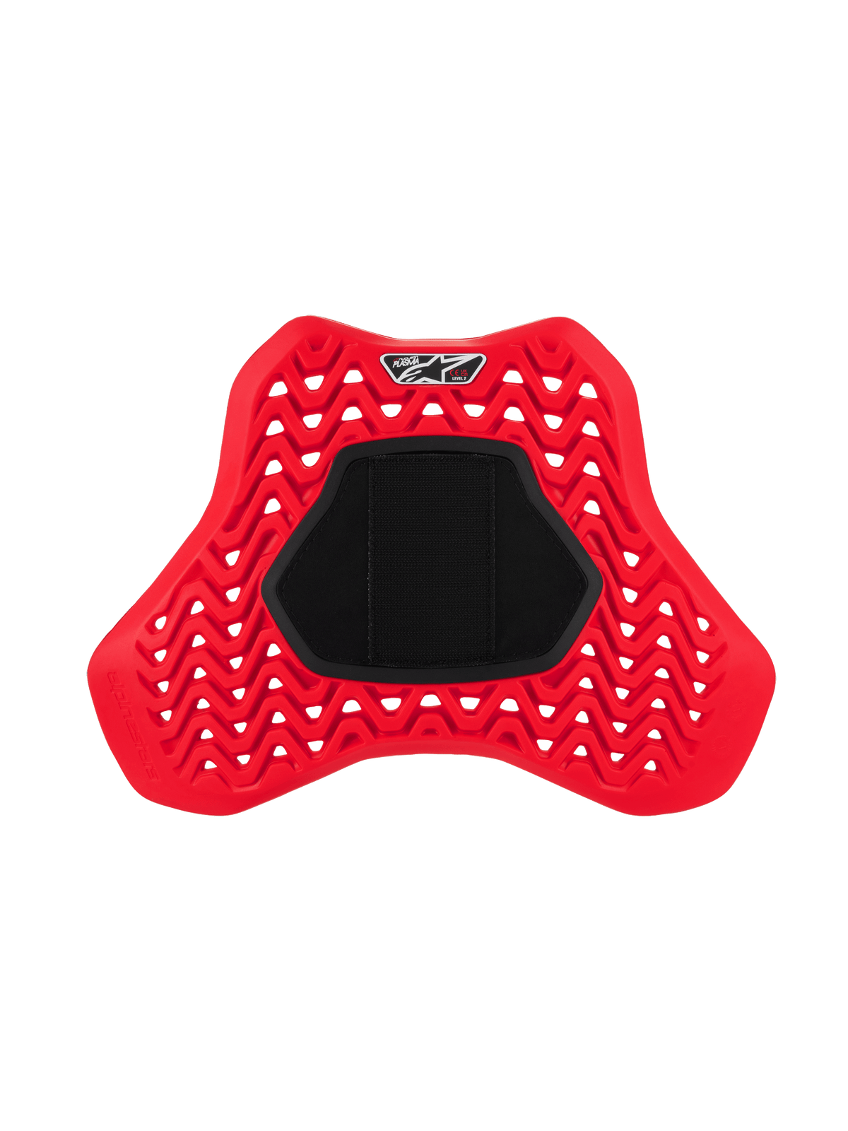 Alpinestars Nucleon Plasma Full Chest Protector Hook and Loop, rood en zwart, voorzien van een geperforeerd zigzagontwerp voor luchtstroom, groot zwart centraal klittenbandpaneel, ergonomisch schildvormig inzetstuk voor impactbescherming