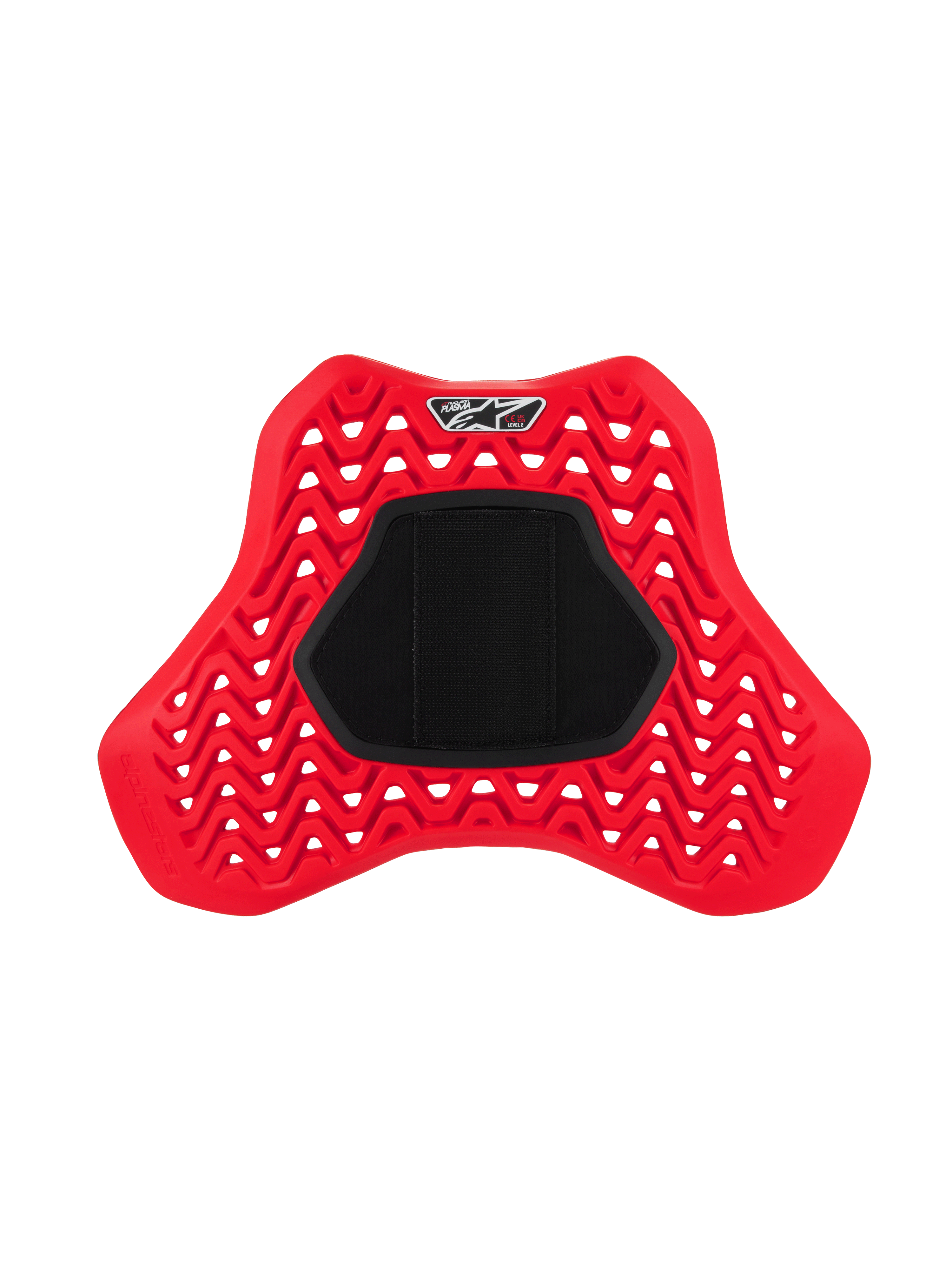 Alpinestars Nucleon Plasma Full Chest Protector Hook and Loop, rood en zwart, voorzien van een geperforeerd zigzagontwerp voor luchtstroom, groot zwart centraal klittenbandpaneel, ergonomisch schildvormig inzetstuk voor impactbescherming
