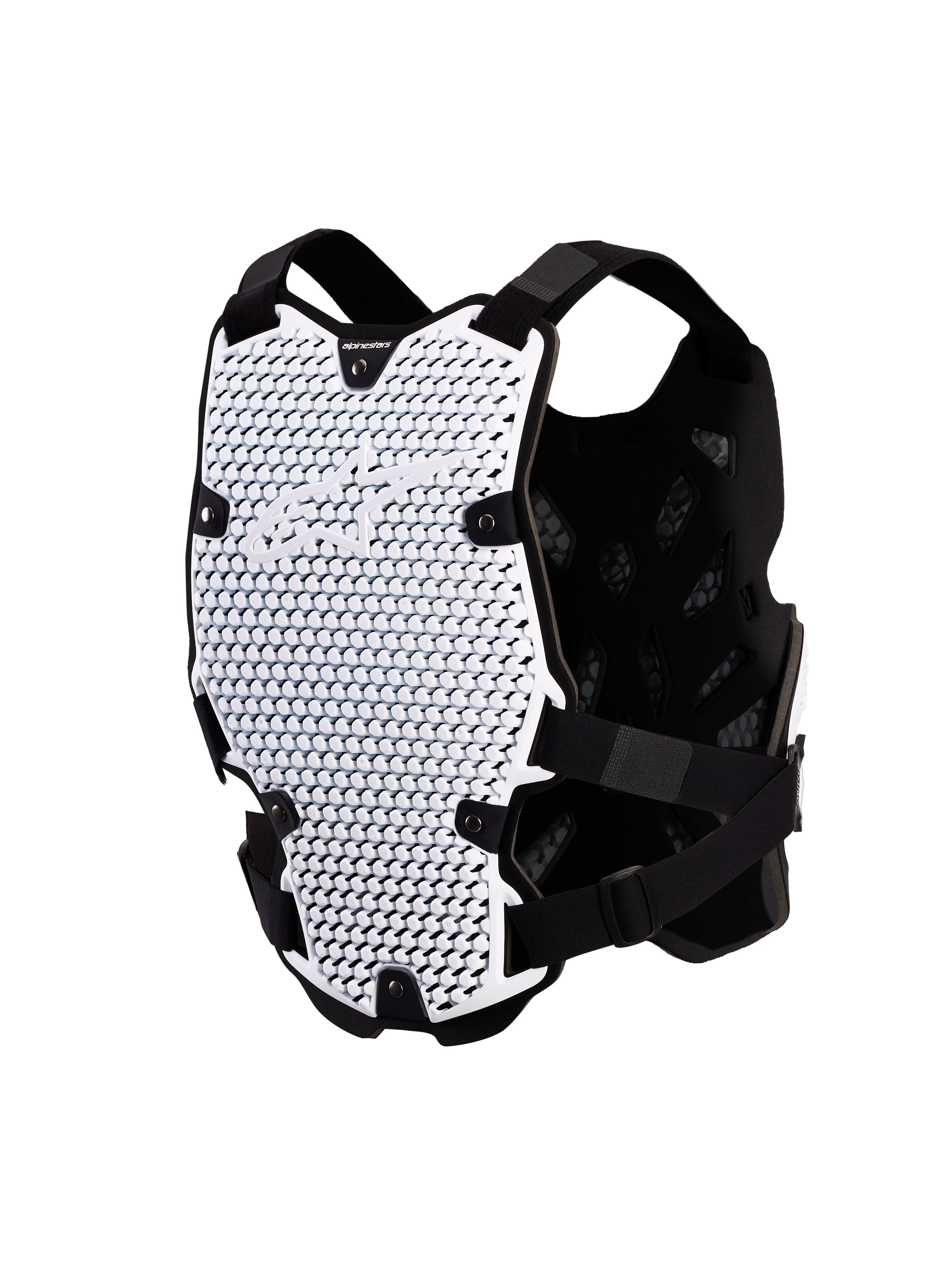 Alpinestars Bionic Action borstbeschermer, motorcross lichaamsbeschermer, wit en zwart, CE Level 1 gecertificeerd, met A-Morph technologie voor optimale ventilatie en flexibiliteit.