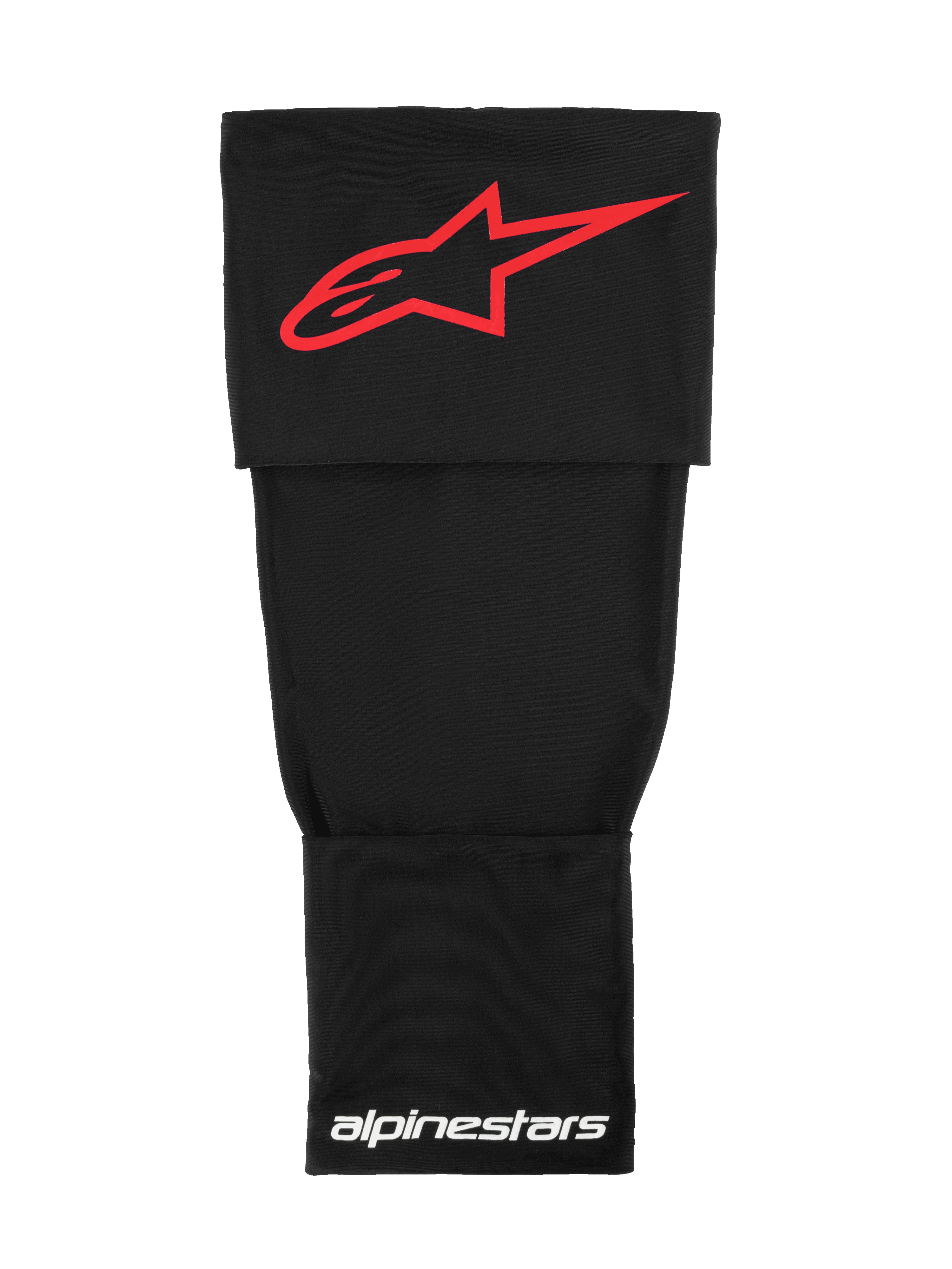 Alpinestars Rk-S Knieschutzhülse, Technische Motocross-Basisschicht, Schwarz mit rotem Alpinestars-Logo und weißem Schriftzug, dehnbares doppellagiges Gewebe zur Unterstützung unter Knieschützern