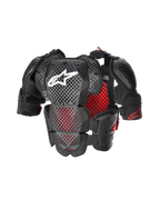 Alpinestars A-10 V2 Full Chest Protector, Motocross Body Armor, Anthracite Black and Red, featuring perforated chest and shoulder plates, red honeycomb lining, white Alpinestars logo on center chest, ultra-lightweight protective gear