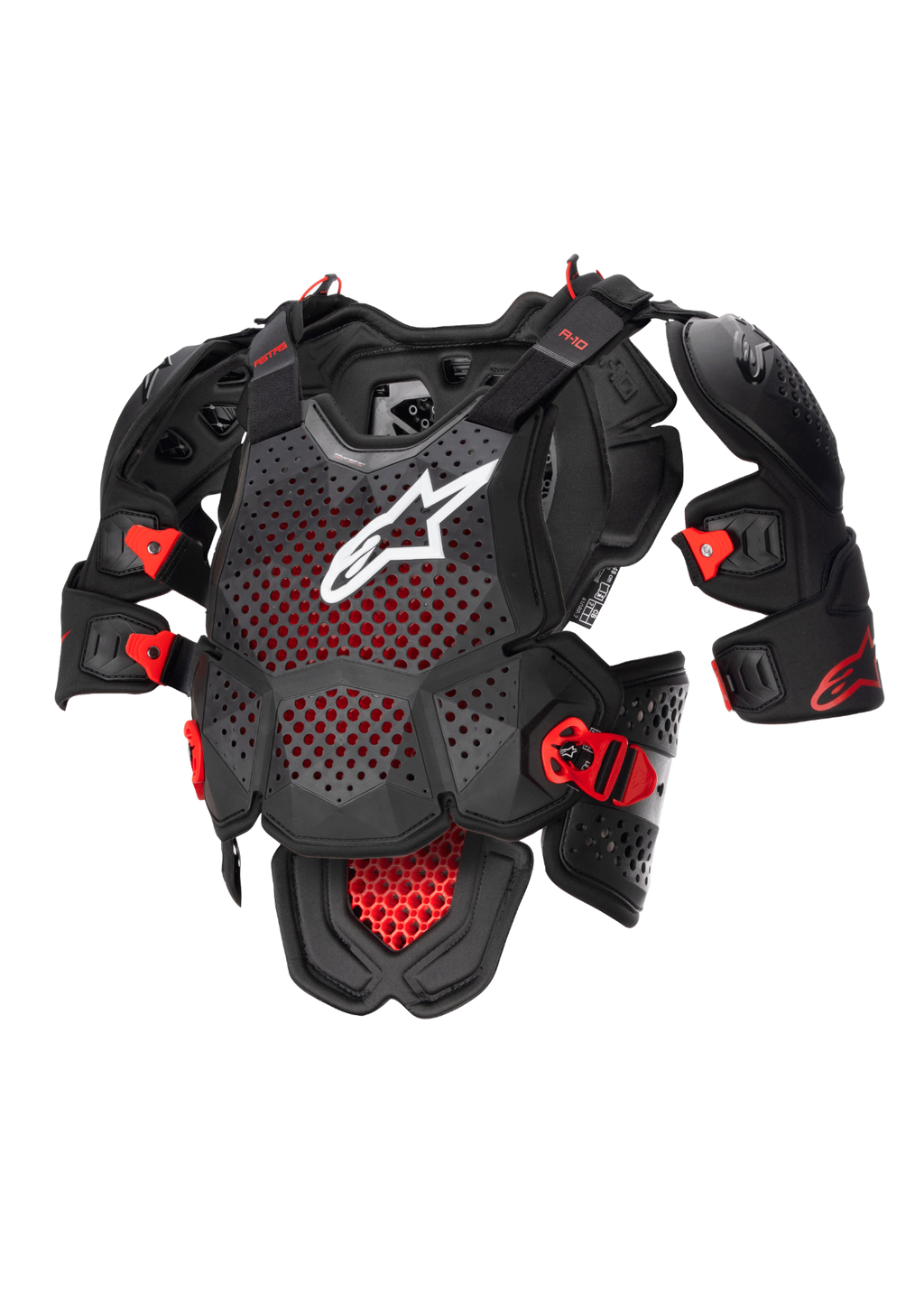 Alpinestars A-10 V2 Full Chest Protector, Motocross Body Armor in Anthracite Black and Red, featuring a perforated chest plate with a white Alpinestars logo, adjustable shoulder protection, and impact-resistant buckles, CE Level 2 certified off-road protective gear