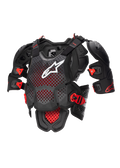 Alpinestars A-10 V2 Full Chest Protector, Motocross Body Armor in Anthracite Black and Red, featuring a perforated chest plate with a white Alpinestars logo, adjustable shoulder protection, and impact-resistant buckles, CE Level 2 certified off-road protective gear