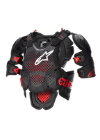 Alpinestars A-10 V2 Full Chest Protector, Motocross Body Armor in Anthracite Black and Red, featuring a perforated chest plate with a white Alpinestars logo, adjustable shoulder protection, and impact-resistant buckles, CE Level 2 certified off-road protective gear