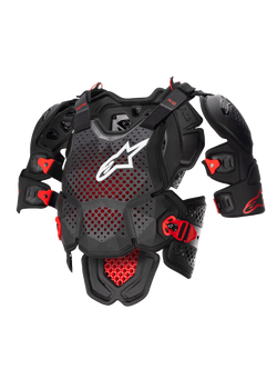 Alpinestars A-10 V2 Full Chest Protector, Motocross Body Armor in Anthracite Black and Red, featuring a perforated chest plate with a white Alpinestars logo, adjustable shoulder protection, and impact-resistant buckles, CE Level 2 certified off-road protective gear