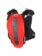 Alpinestars A-5 Plasma borstbeschermer, motorborst- en rugbeschermer, zwart en rood, achteraanzicht met rode golvende geperforeerde Nucleon PLASMA-schaal met een grijze centrale zone, zwarte verstelbare banden met witte logo's, beschermende uitrusting voor motorcross en off-road rijden
