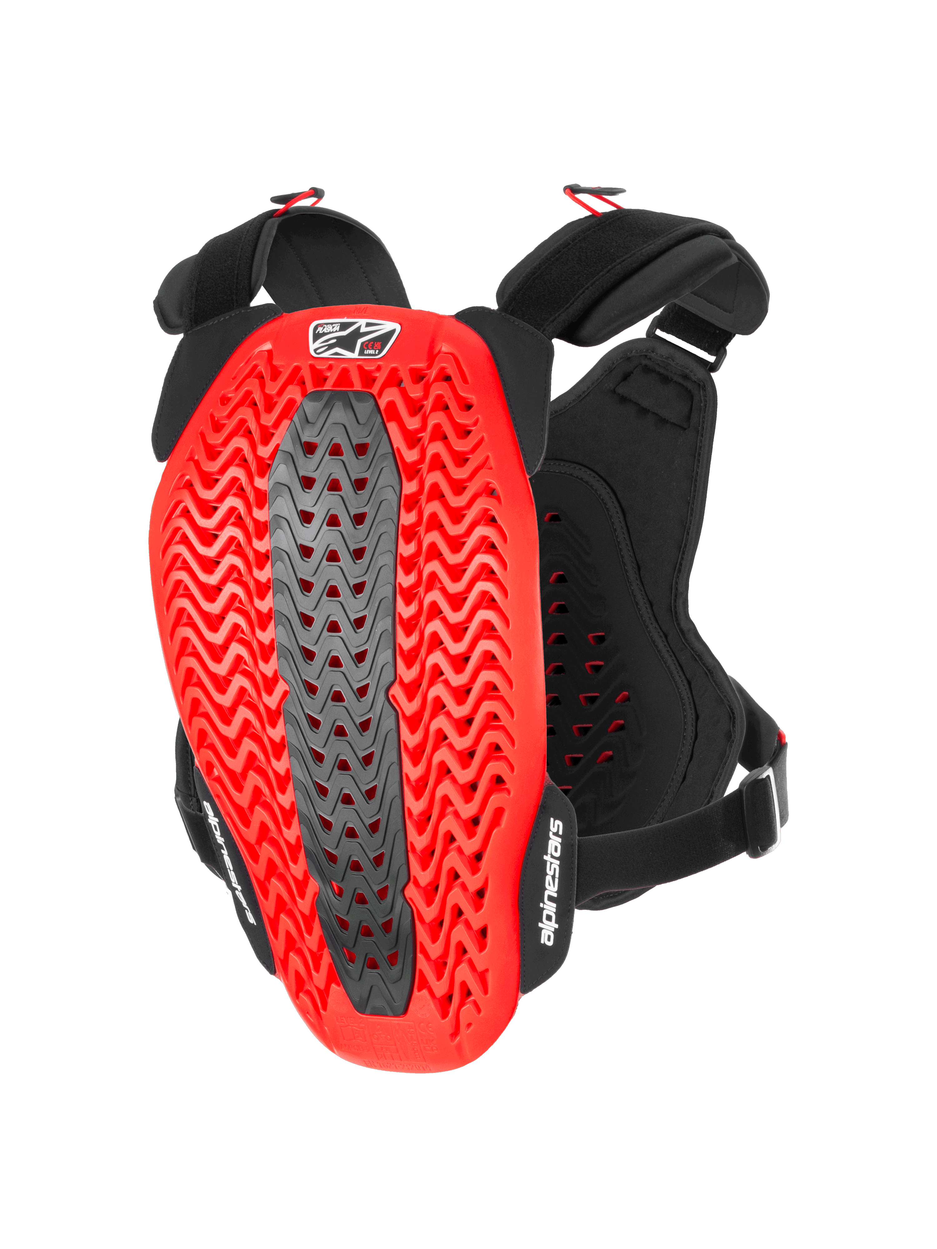 Alpinestars A-5 Plasma borstbeschermer, motorborst- en rugbeschermer, zwart en rood, achteraanzicht met rode golvende geperforeerde Nucleon PLASMA-schaal met een grijze centrale zone, zwarte verstelbare banden met witte logo's, beschermende uitrusting voor motorcross en off-road rijden