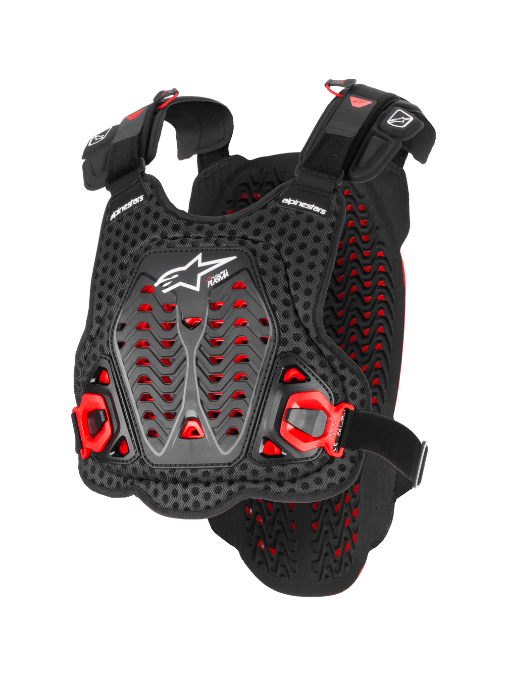 Alpinestars A-5 Plasma borstbeschermer, motorcross body armor, zwart en rood, geperforeerd 3D-mesh met Nucleon Plasma-materiaal, hoekige beschermingspanelen, verstelbare riemen, wit logo, CE-gecertificeerde veiligheidsuitrusting