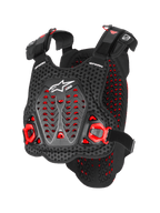 Alpinestars A-5 Plasma borstbeschermer, motorcross body armor, zwart en rood, geperforeerd 3D-mesh met Nucleon Plasma-materiaal, hoekige beschermingspanelen, verstelbare riemen, wit logo, CE-gecertificeerde veiligheidsuitrusting