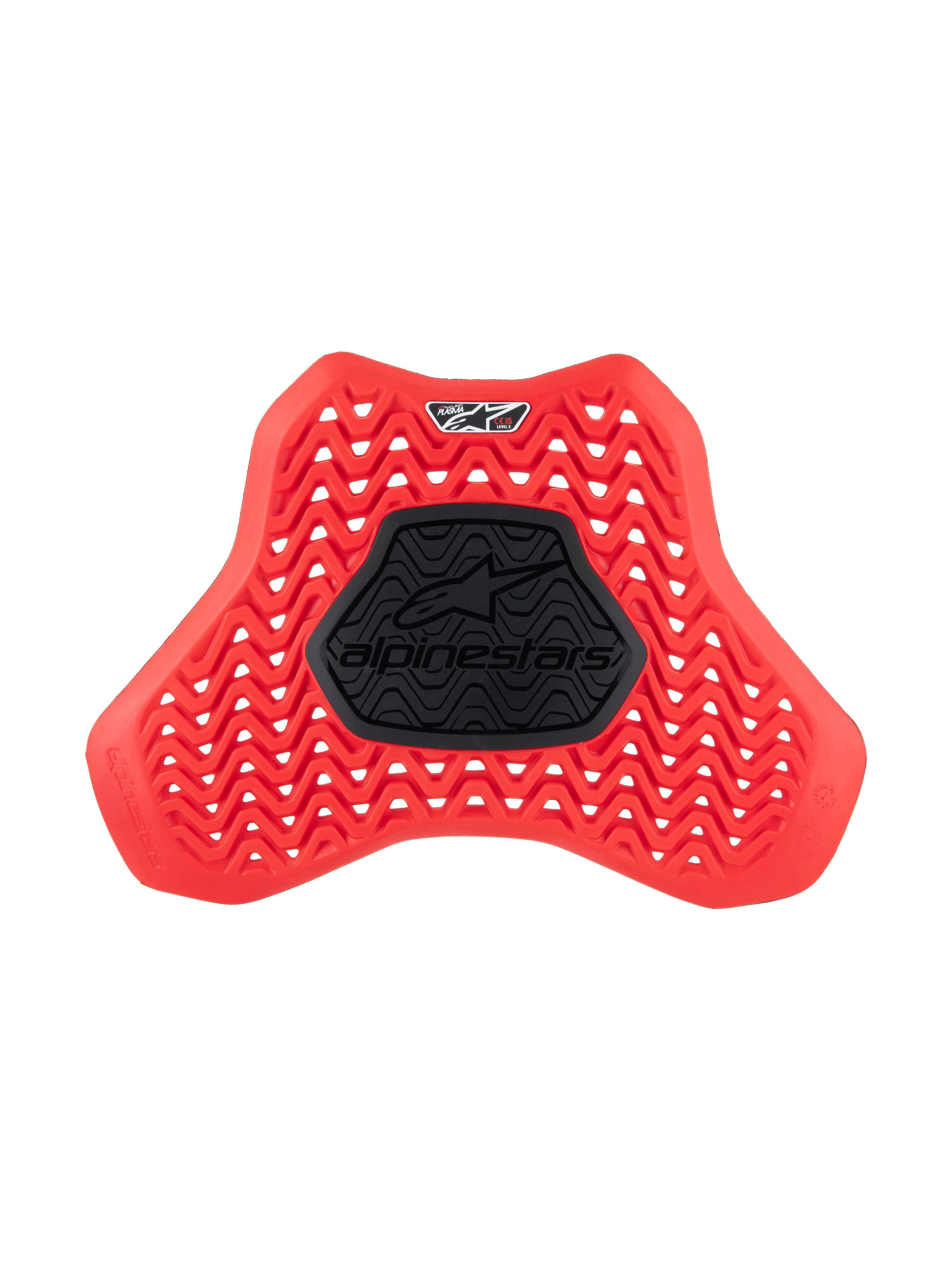 Insert de protection thoracique Alpinestars Nucleon Plasma, protection de poitrine pour moto, rouge et noir, motif ondulé ventilé pour la circulation de l'air, zone centrale semi-rigide noire avec logo Alpinestars, conception ergonomique pour la protection contre les chocs